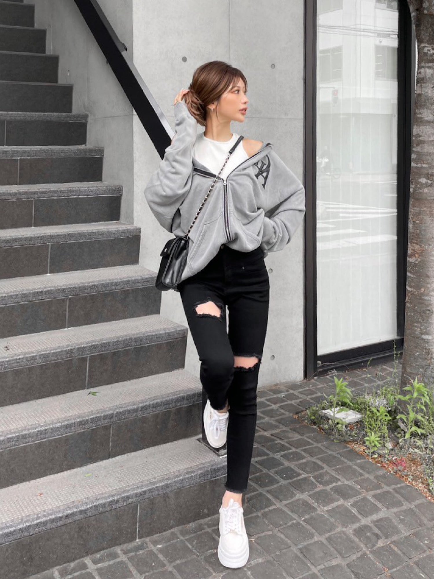 High waist damage skinny denim