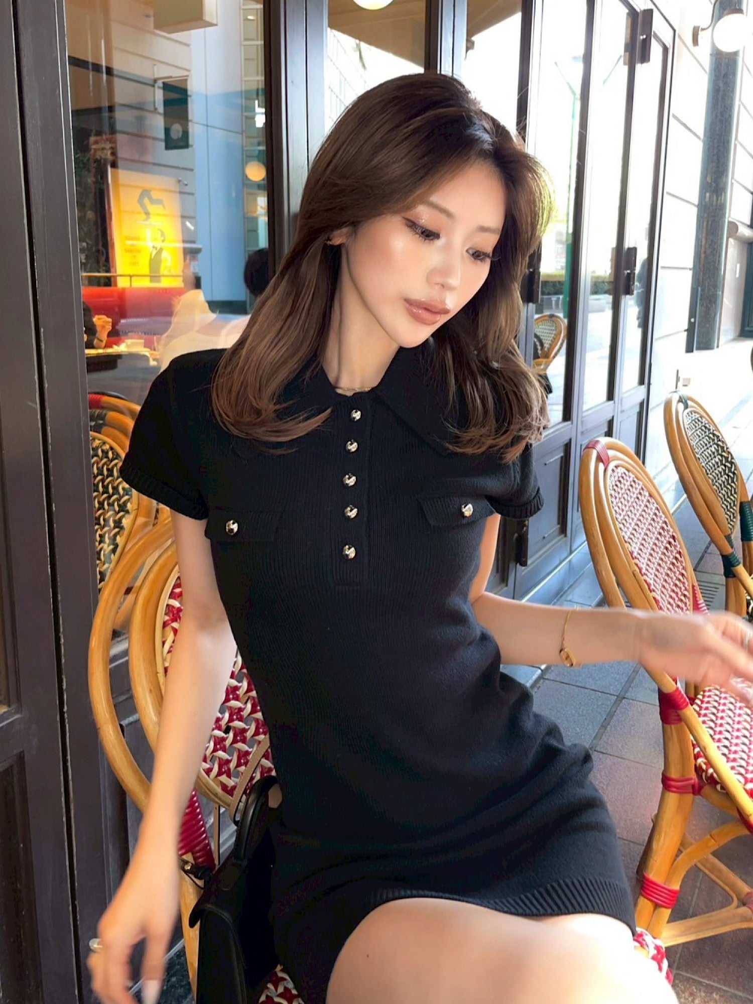 Metal button knit mini dress