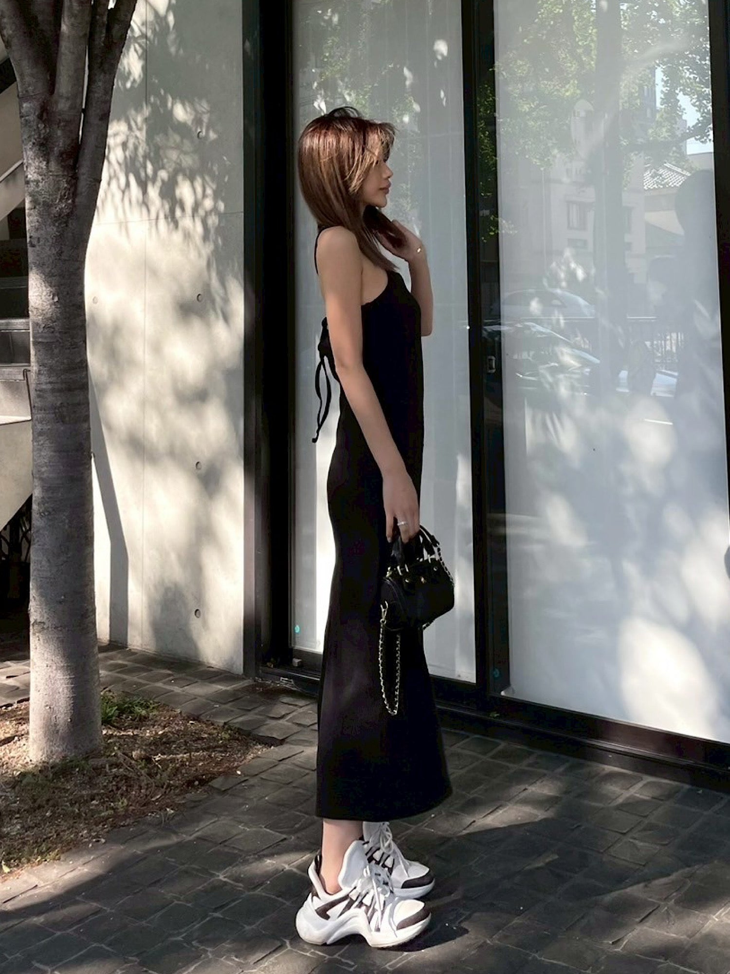 halter neck rib maxi dress with inner bra