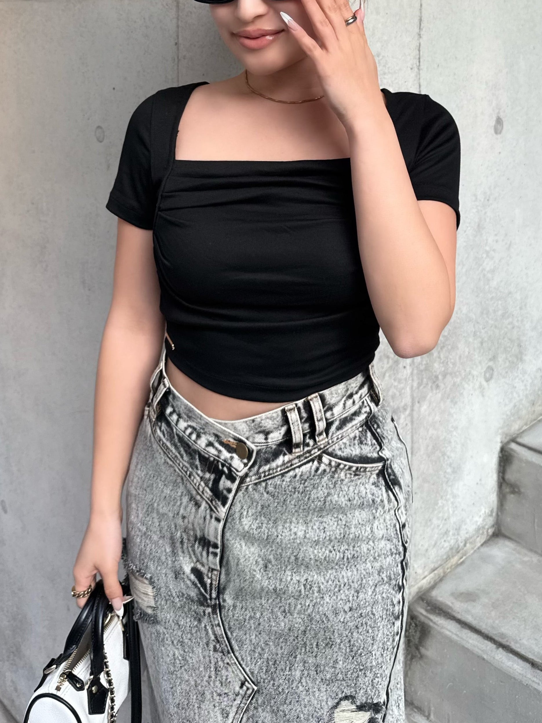 Square open gather short tops