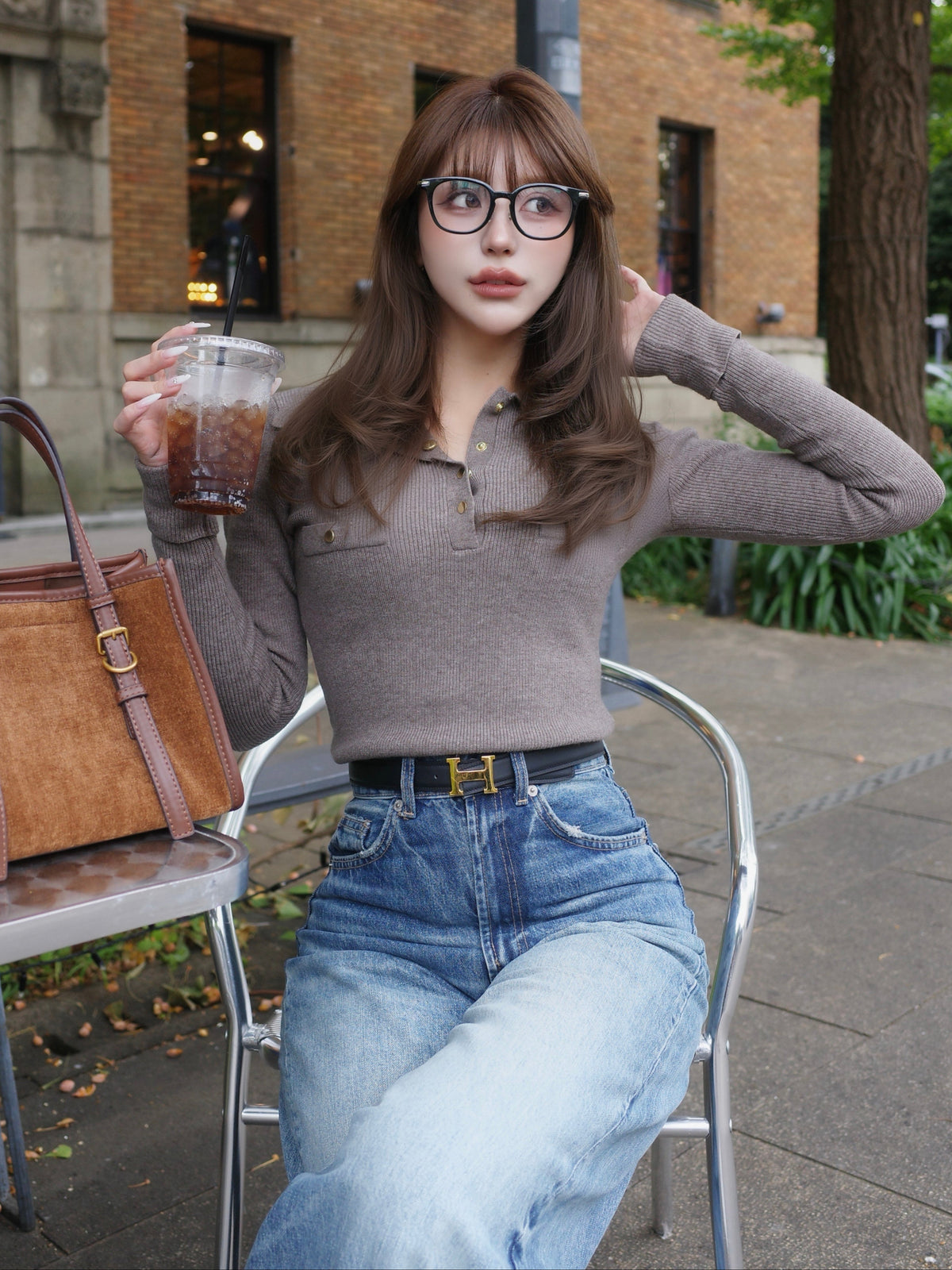 【予約】Big collar gold button rib knit(11月上旬〜12月中旬発送予定)