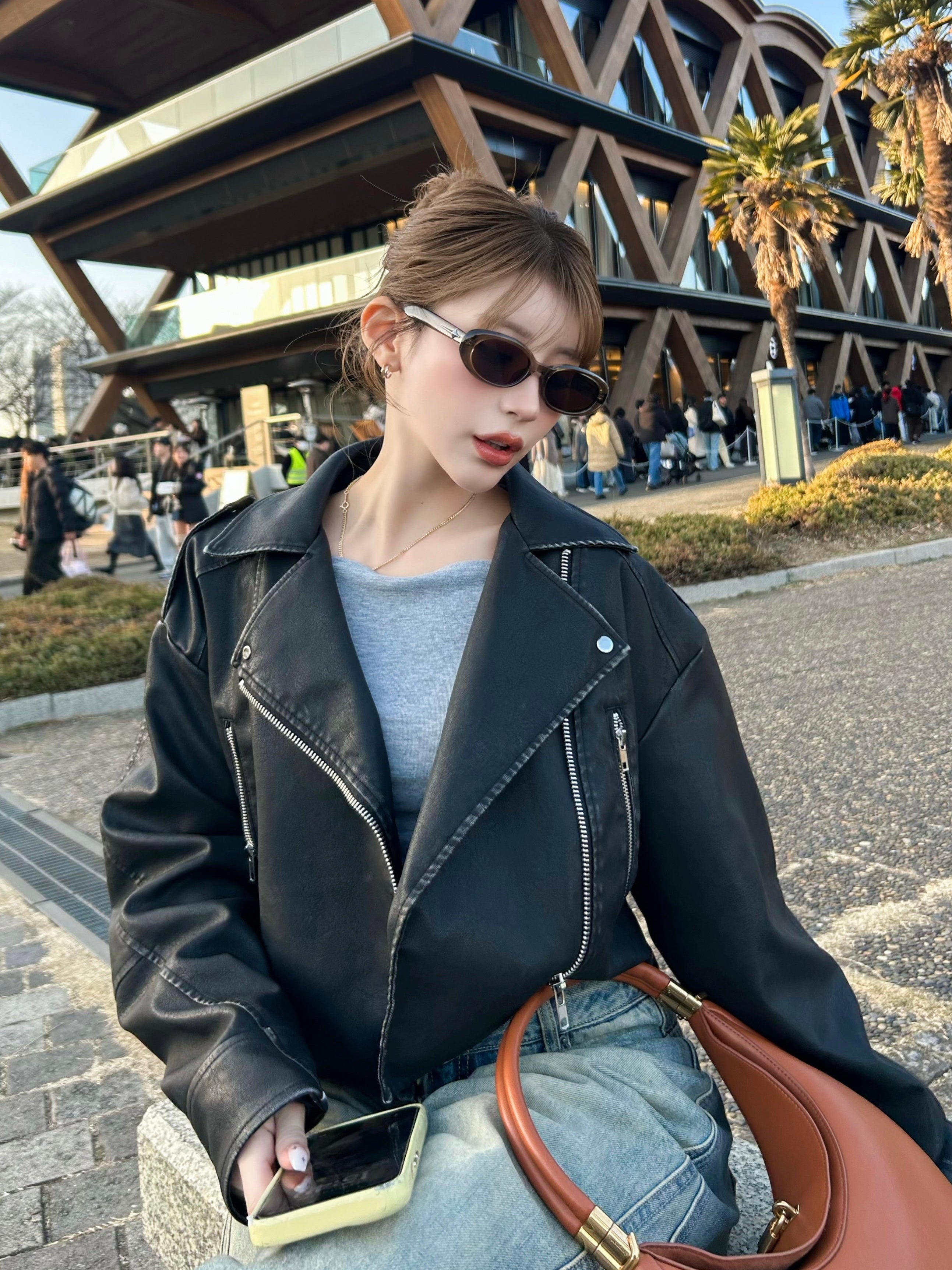 【予約】Lace up eco leather riders jacket(BRN 2月上旬発送予定)