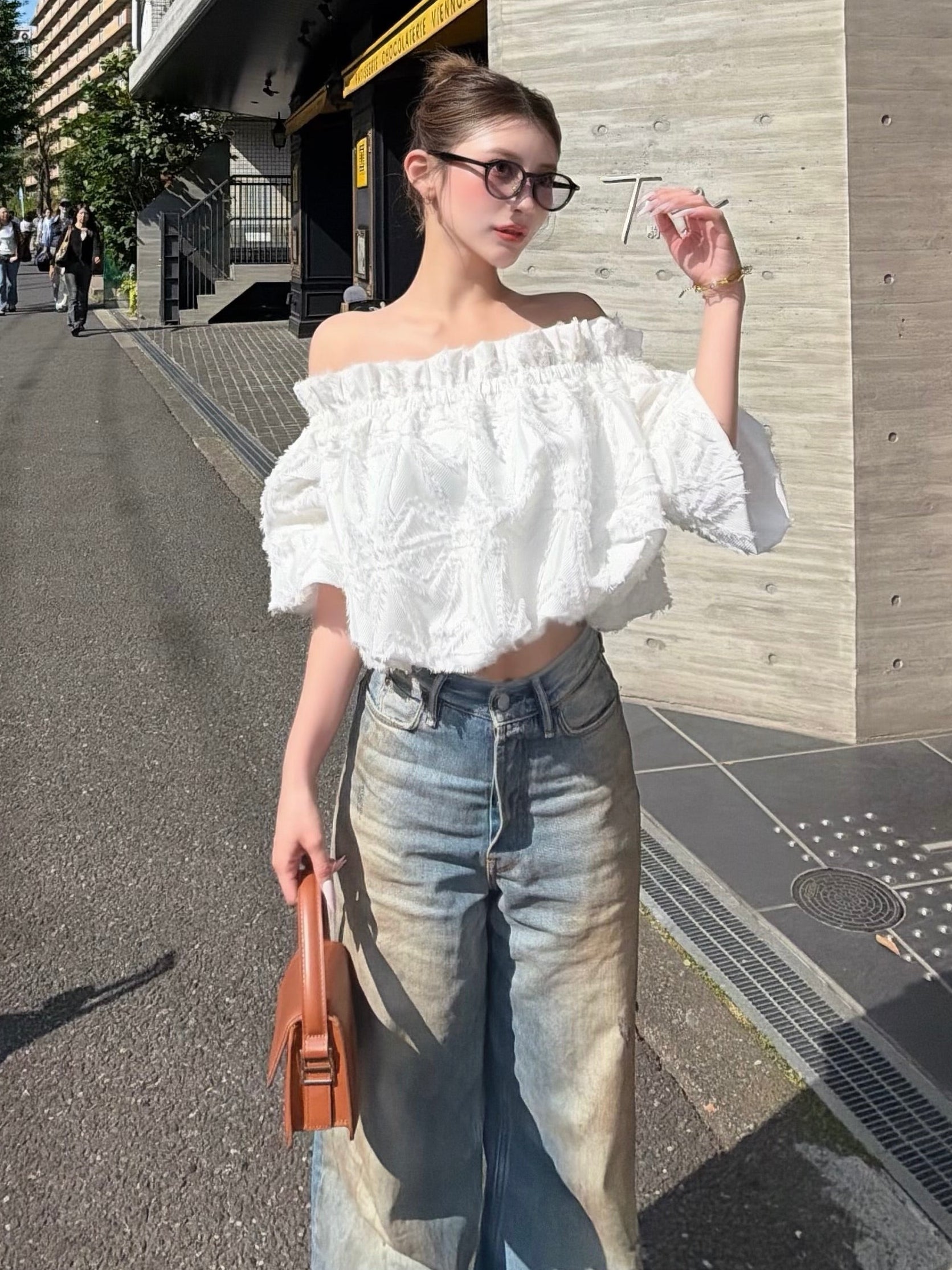 Geometric off-shoulder blouse