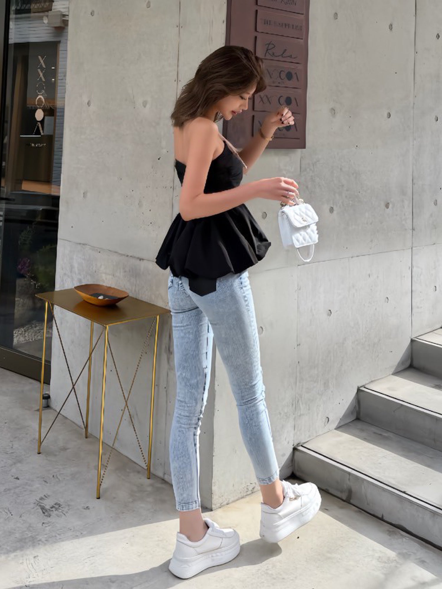 High waist damage skinny denim