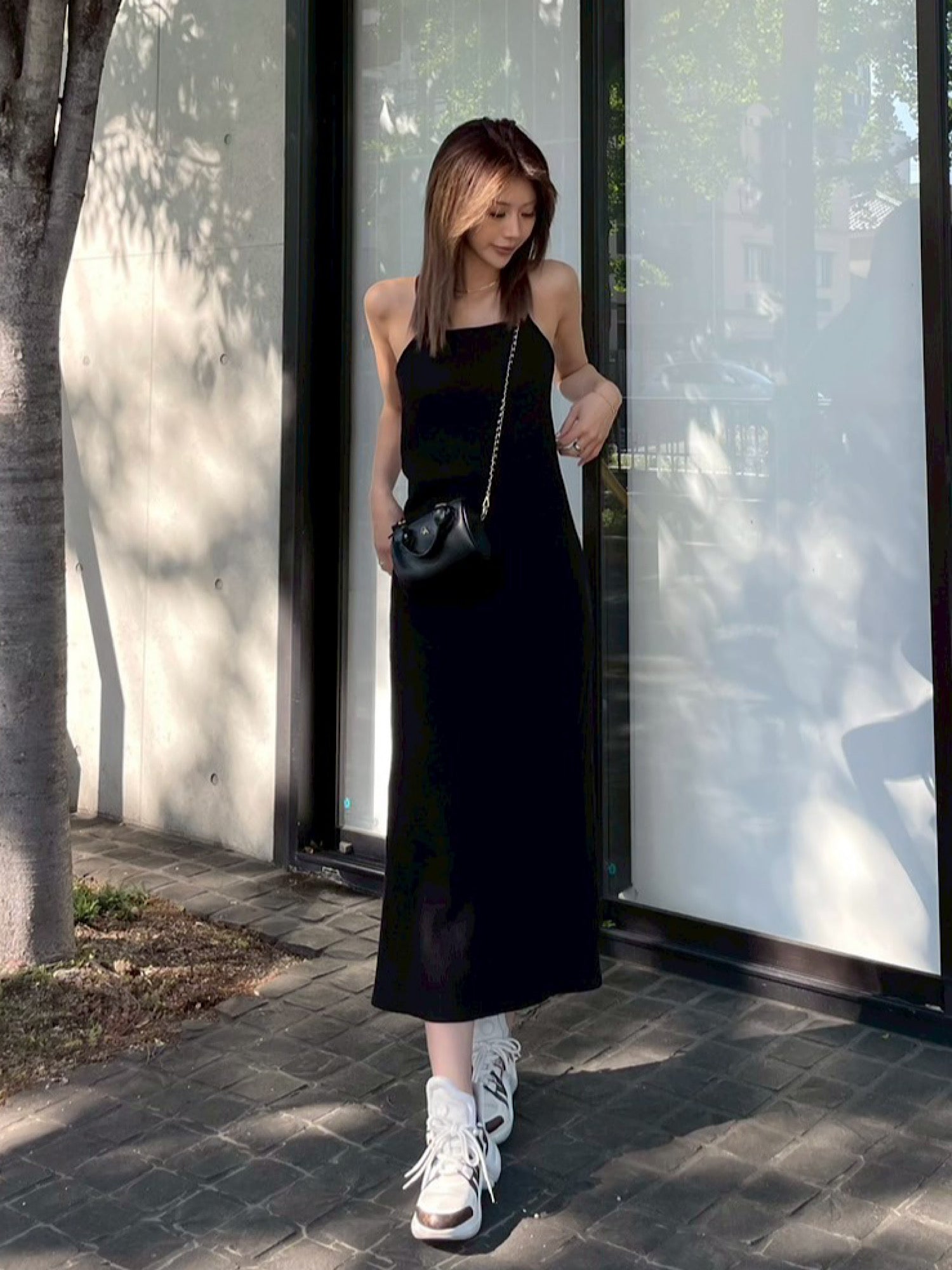halter neck rib maxi dress with inner bra