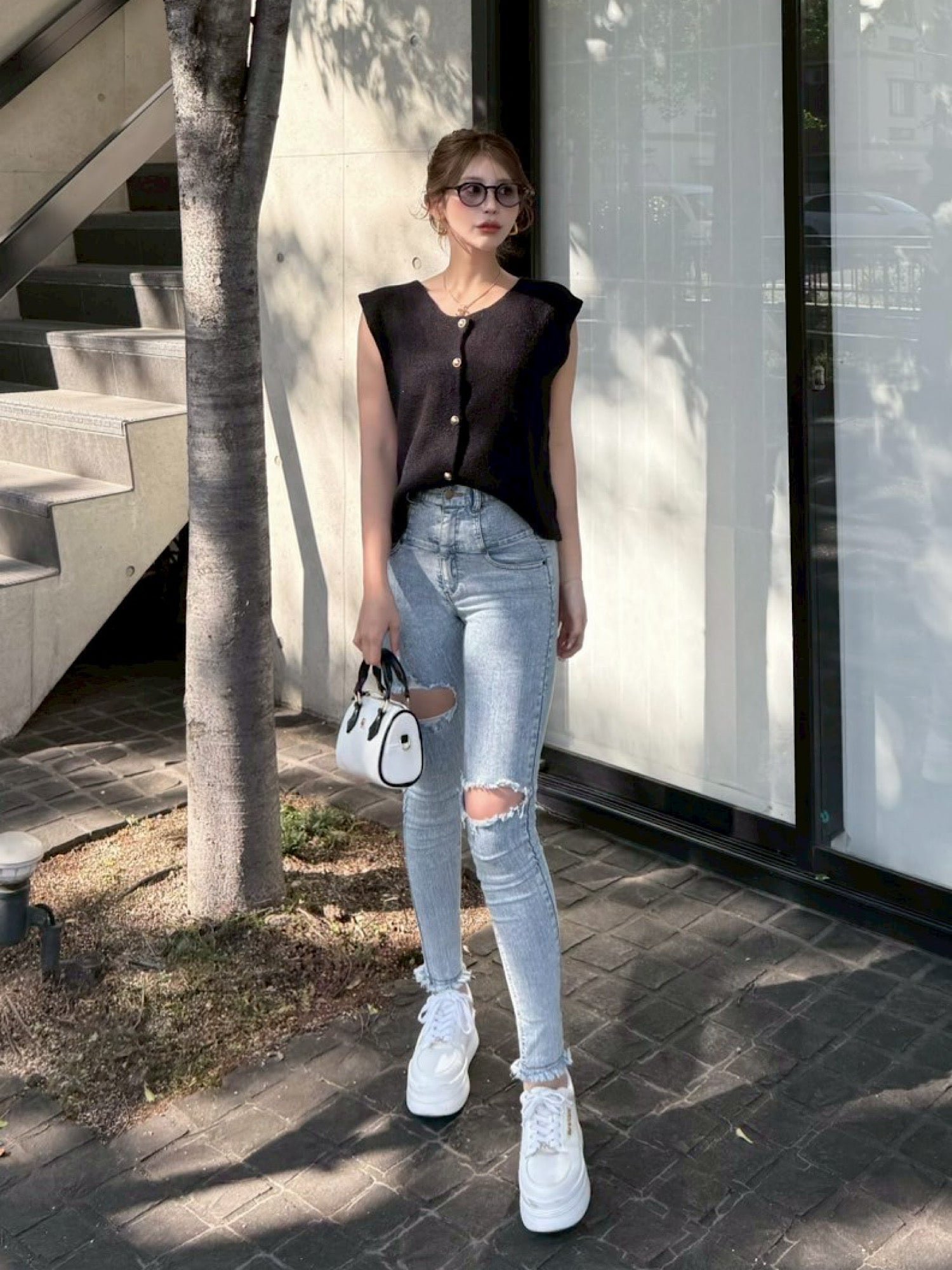 High waist damage skinny denim