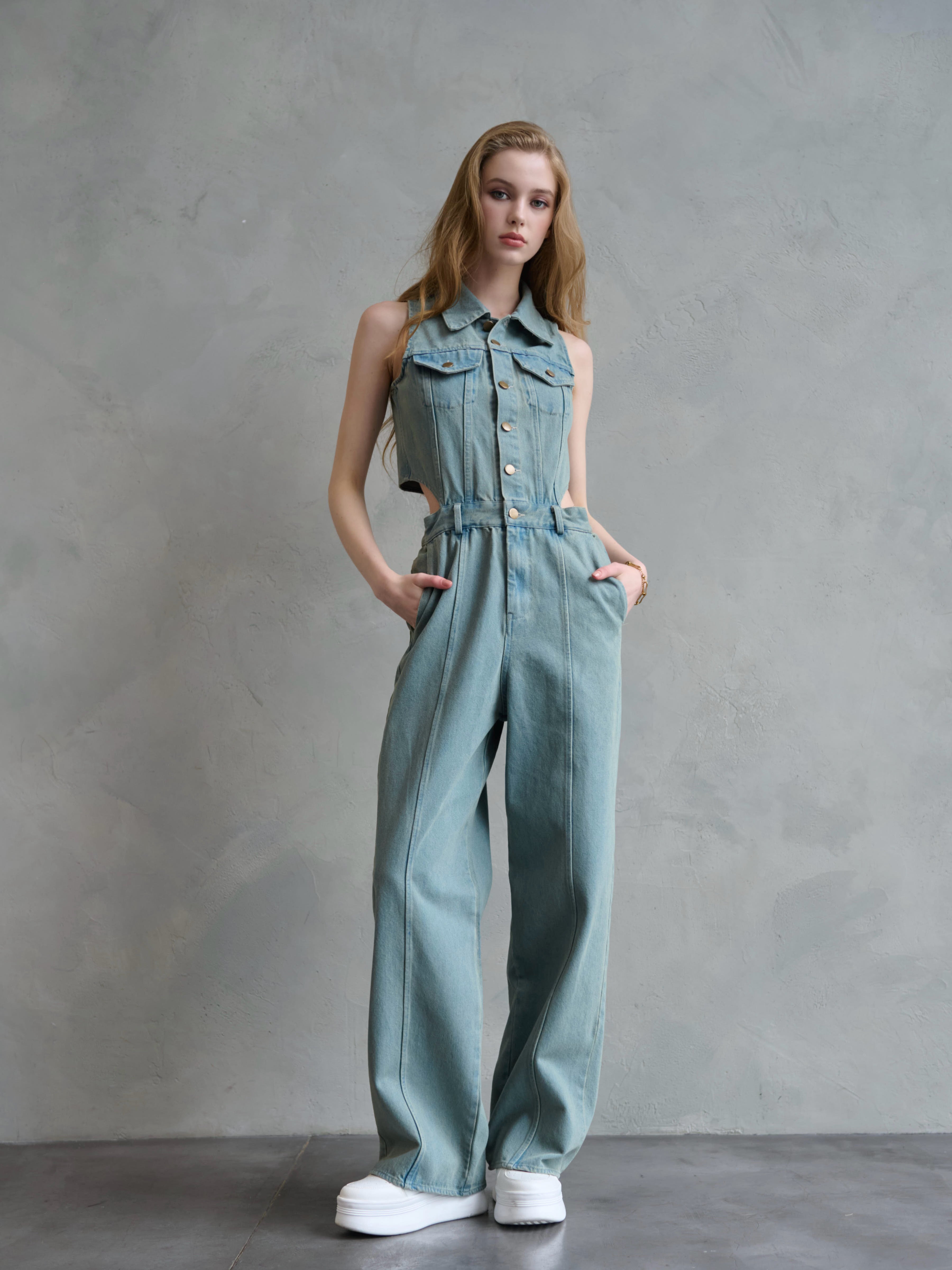 Side open denim all in one