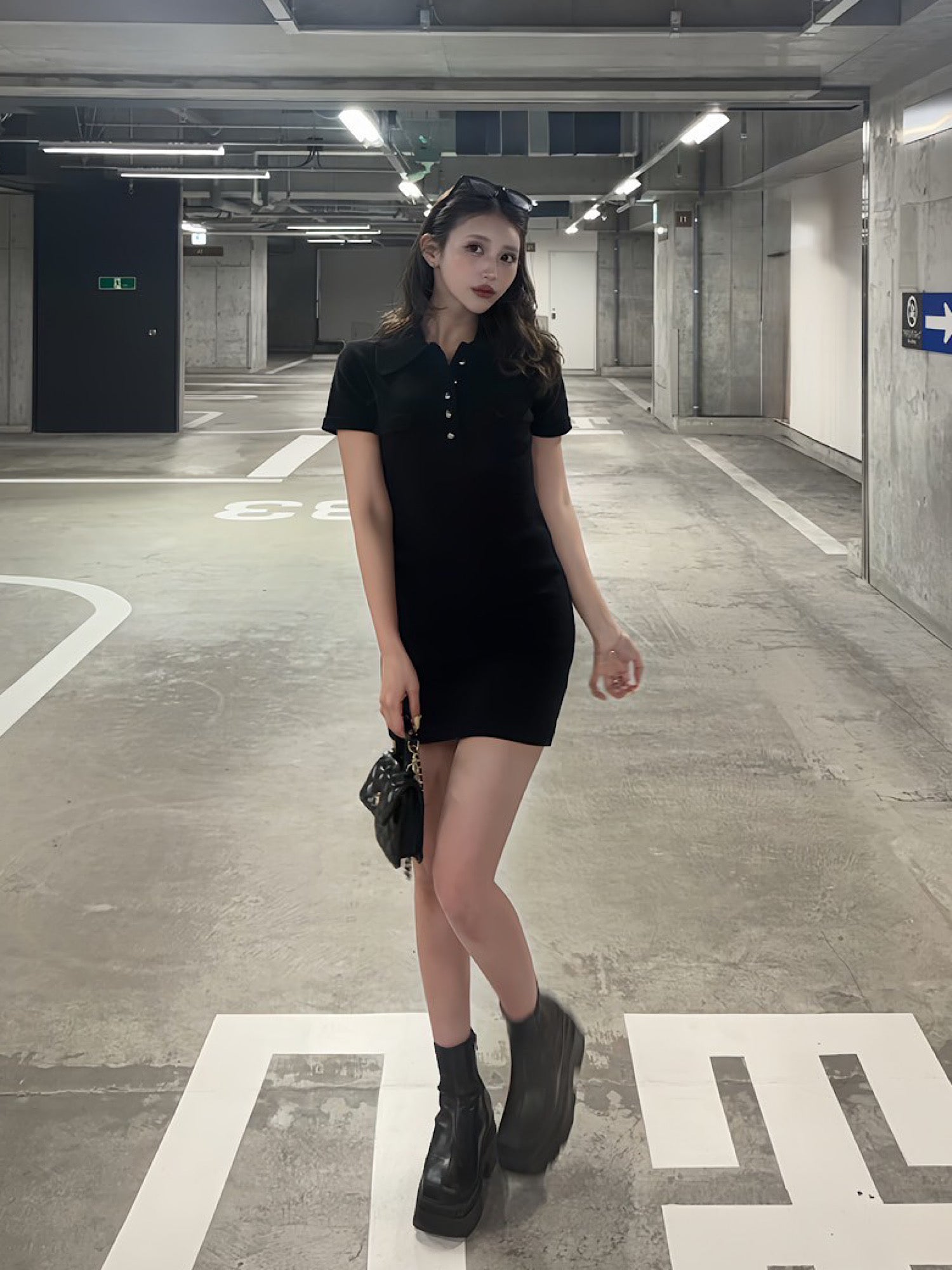 Metal button knit mini dress