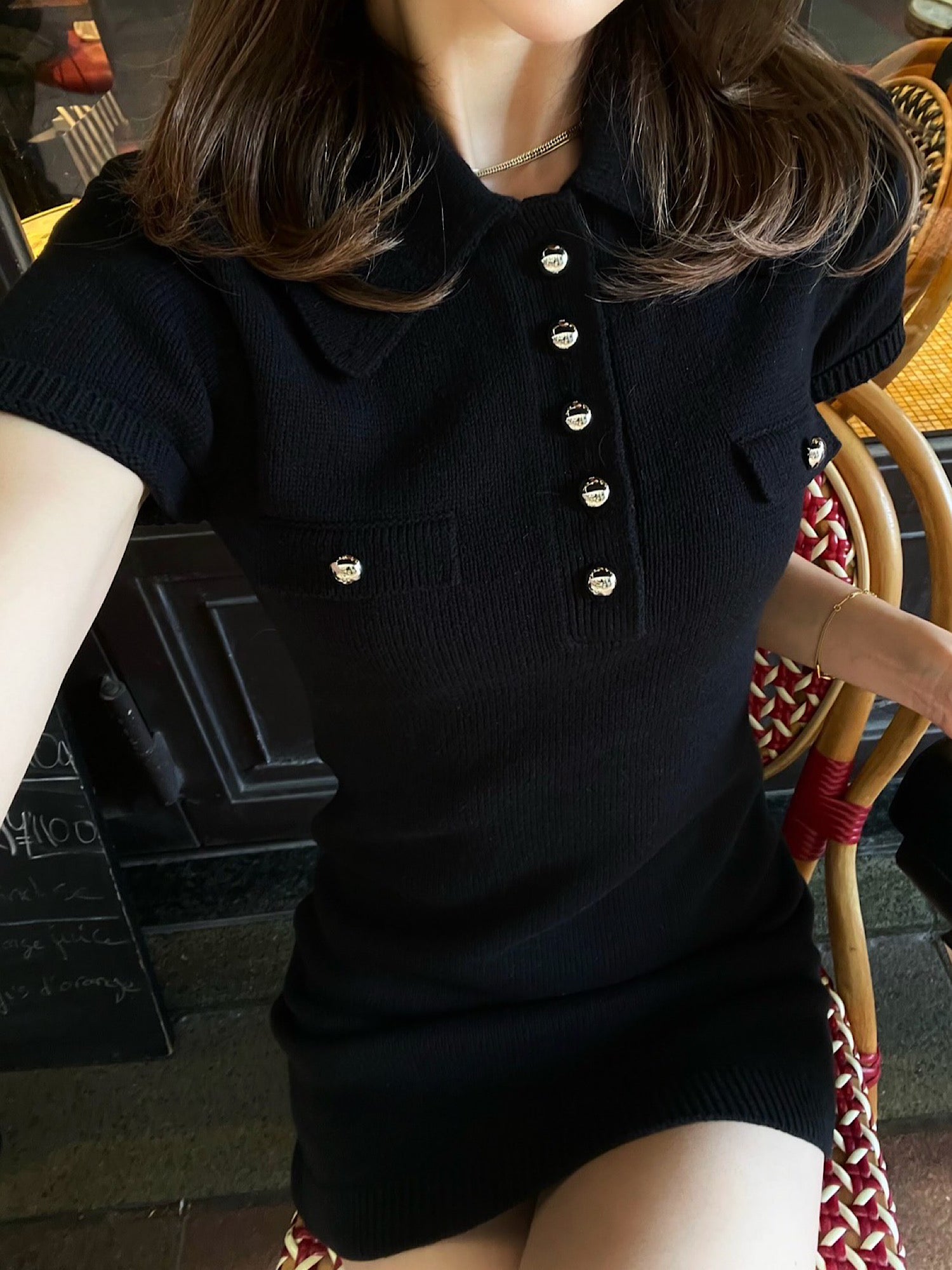 Metal button knit mini dress