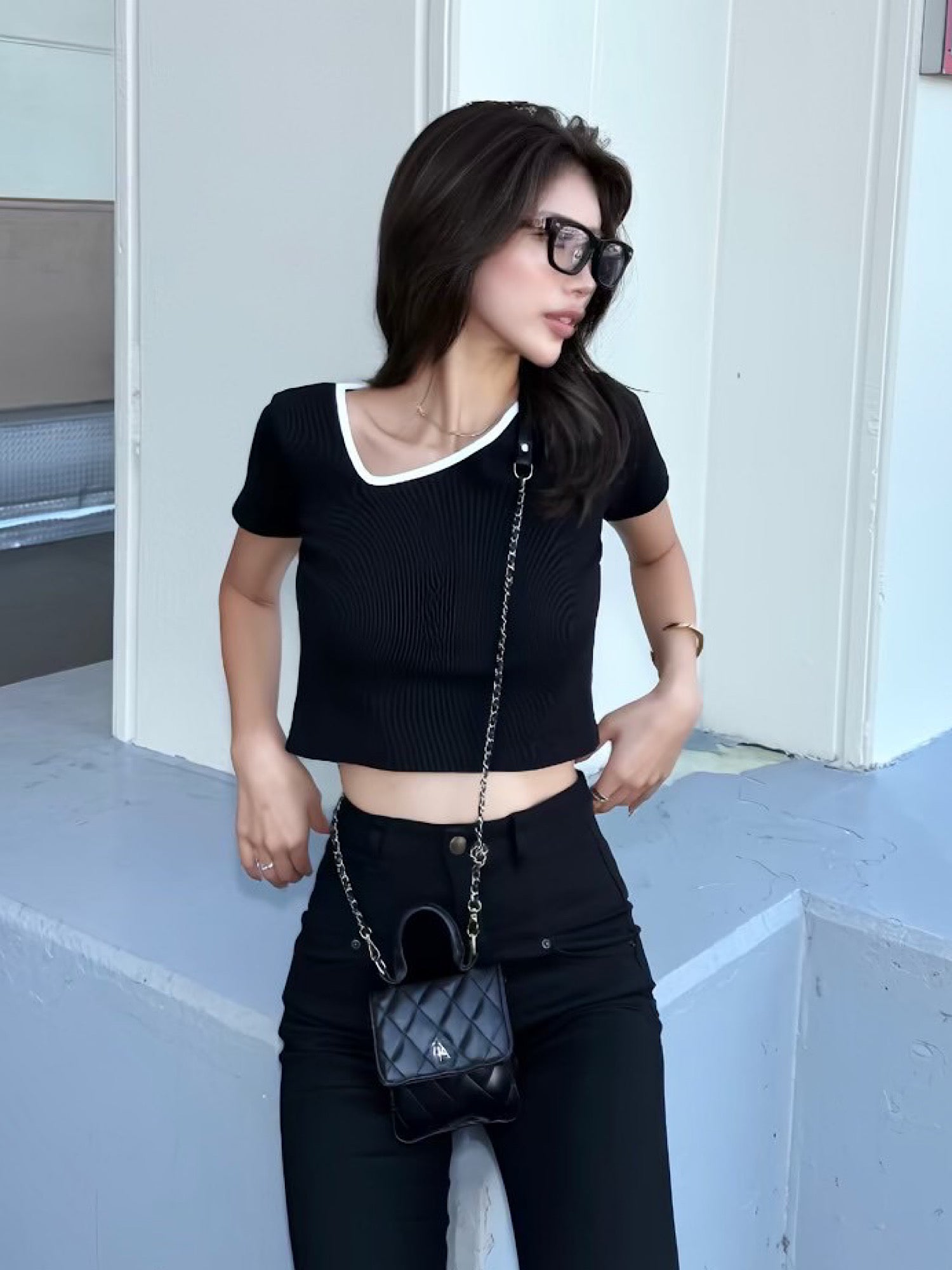 Asymmetry neck half sleeve tops