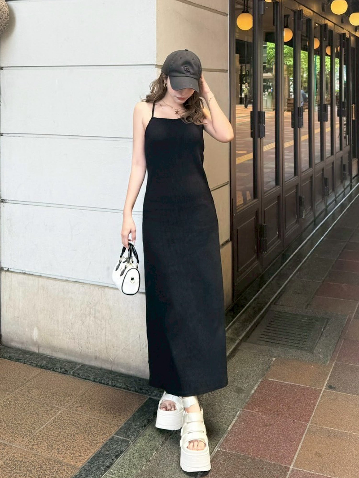 halter neck rib maxi dress with inner bra