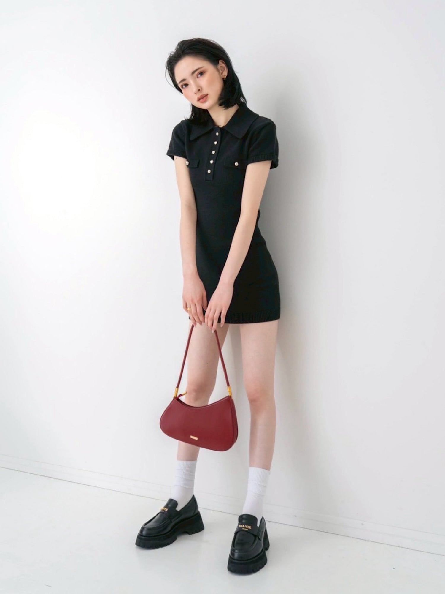 Metal button knit mini dress