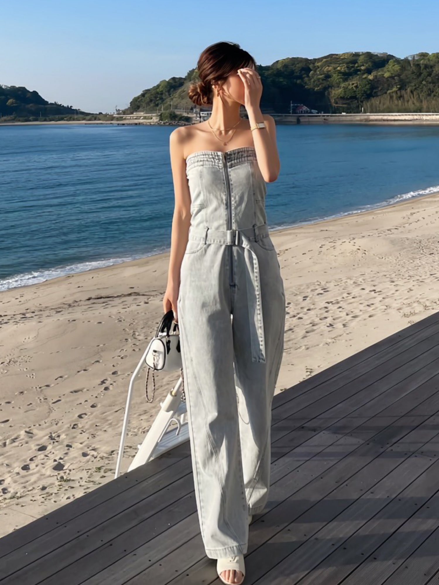 Belted denim all in one