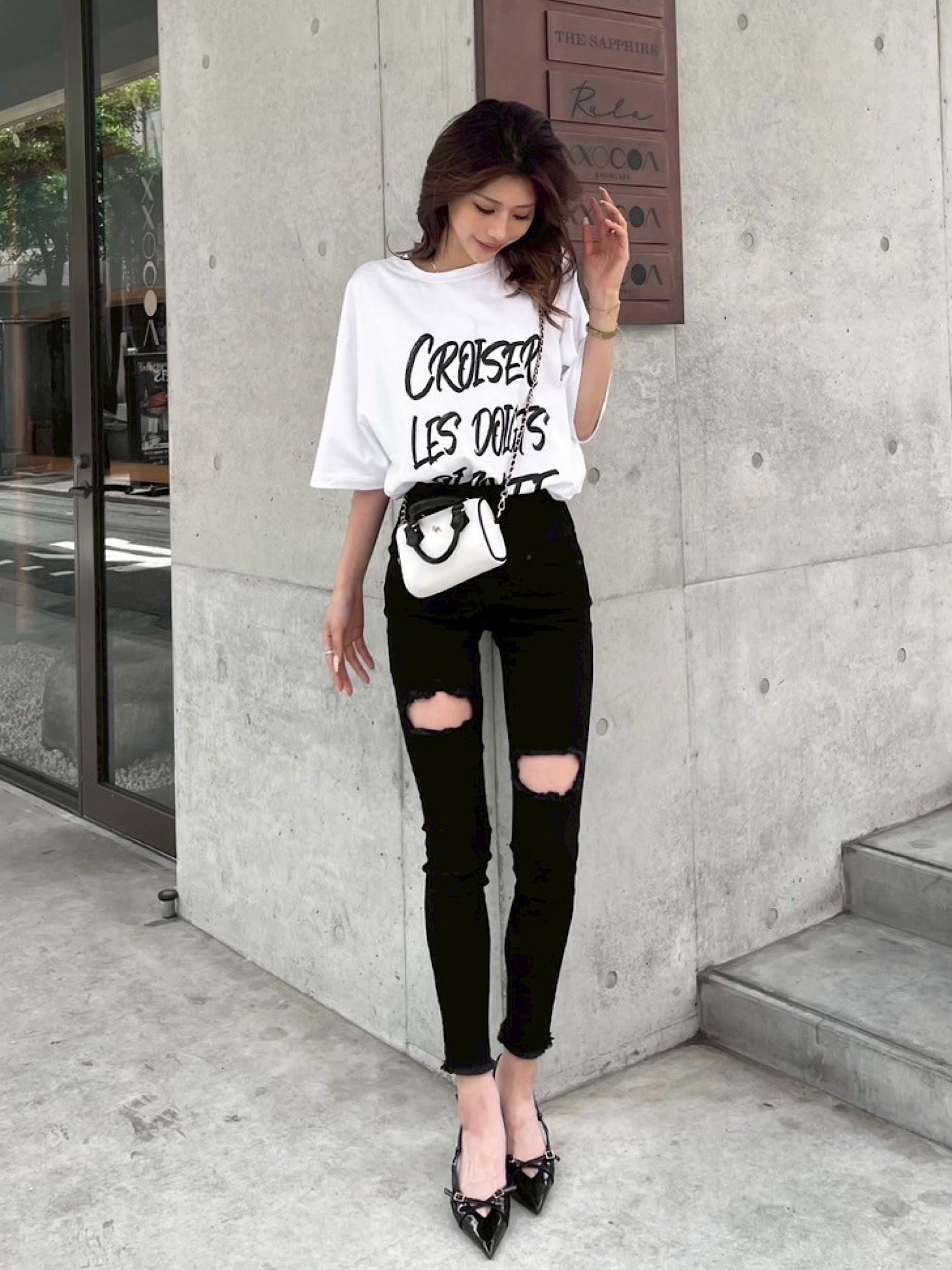 High waist damage skinny denim