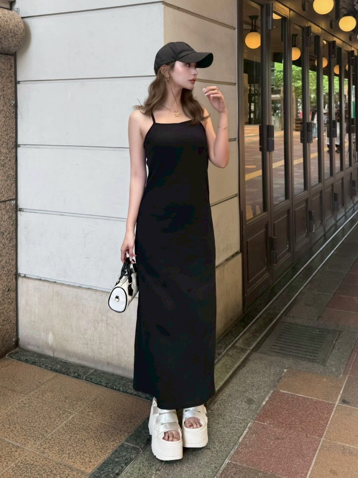 halter neck rib maxi dress with inner bra