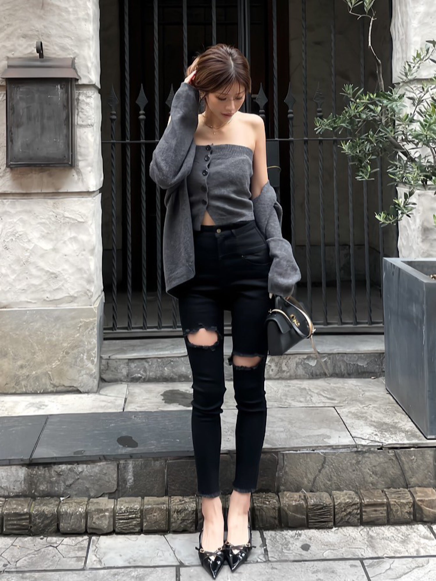 High waist damage skinny denim