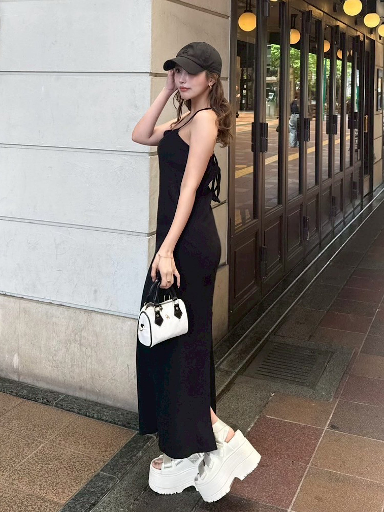 halter neck rib maxi dress with inner bra