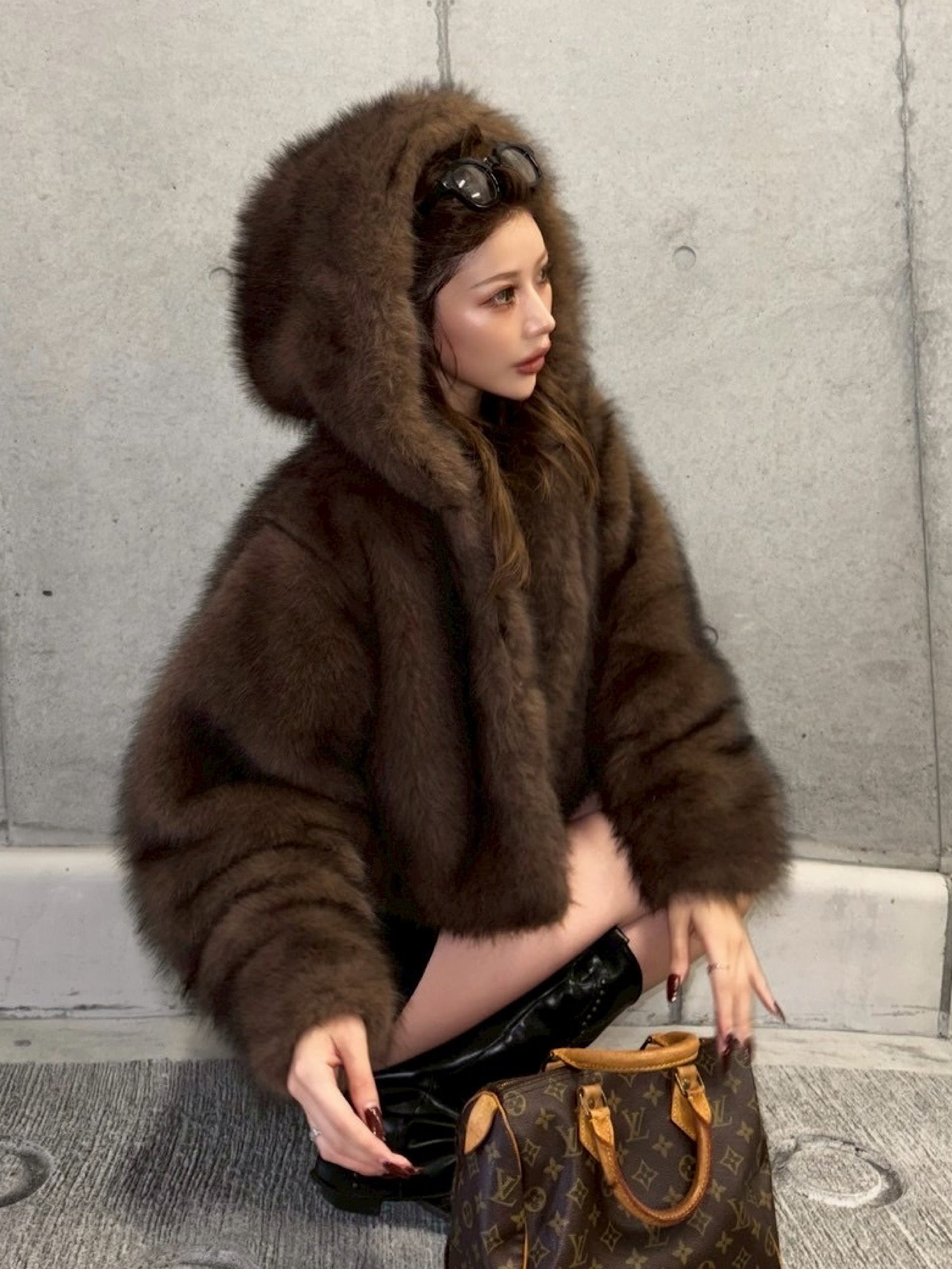 Premium eco fur hoodie coat