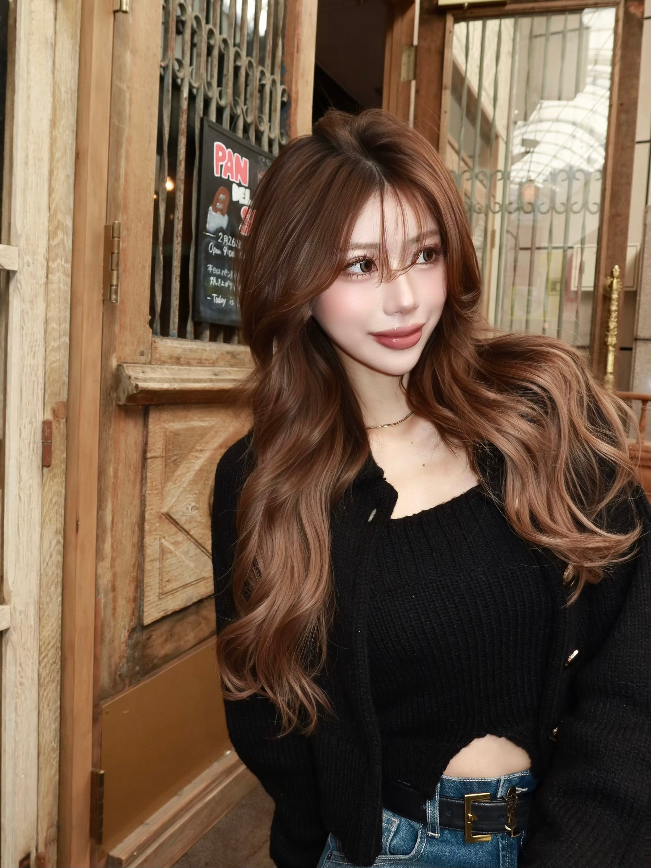 Big collar cardigan×bare top with inner bra