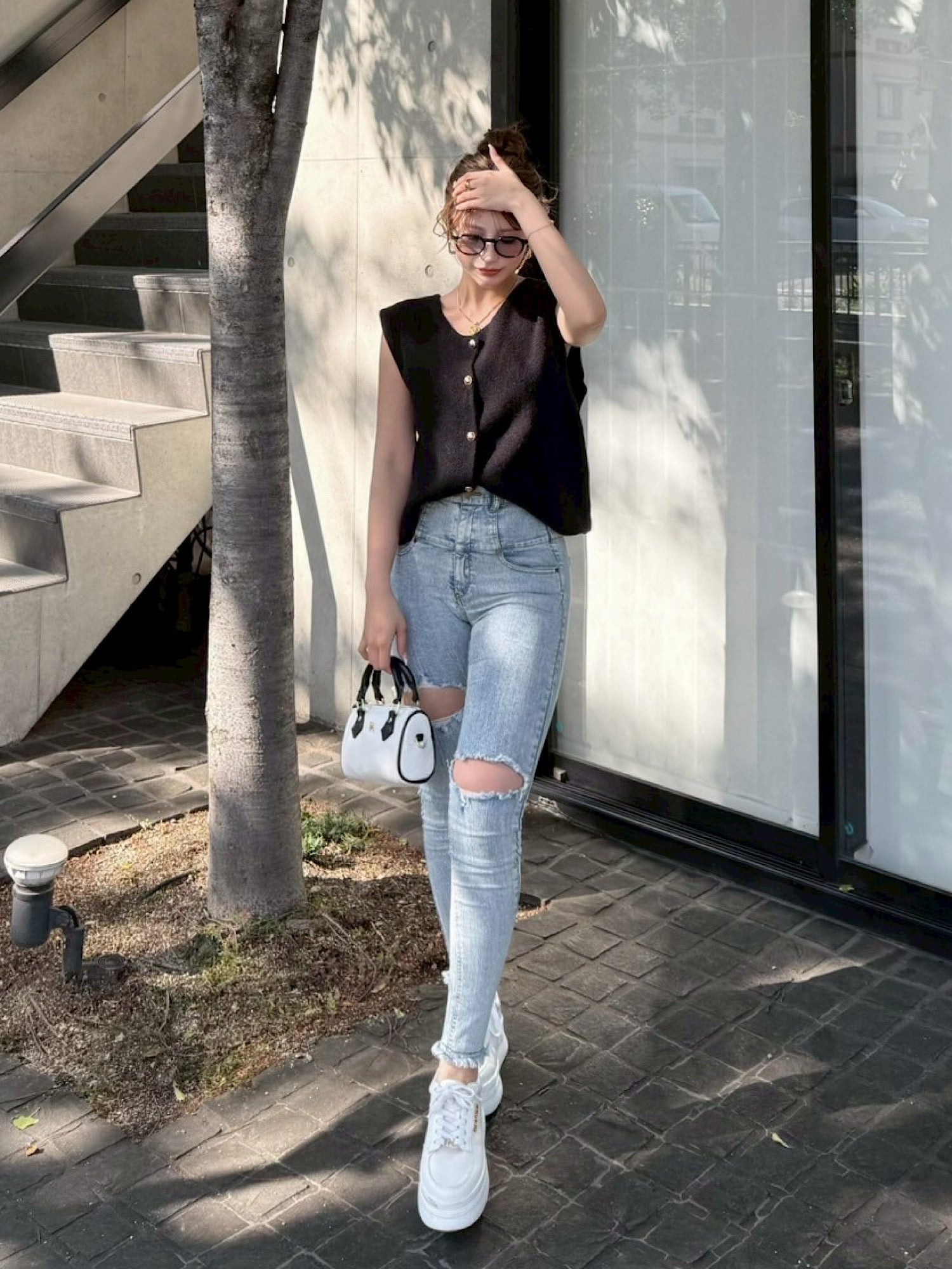 High waist damage skinny denim