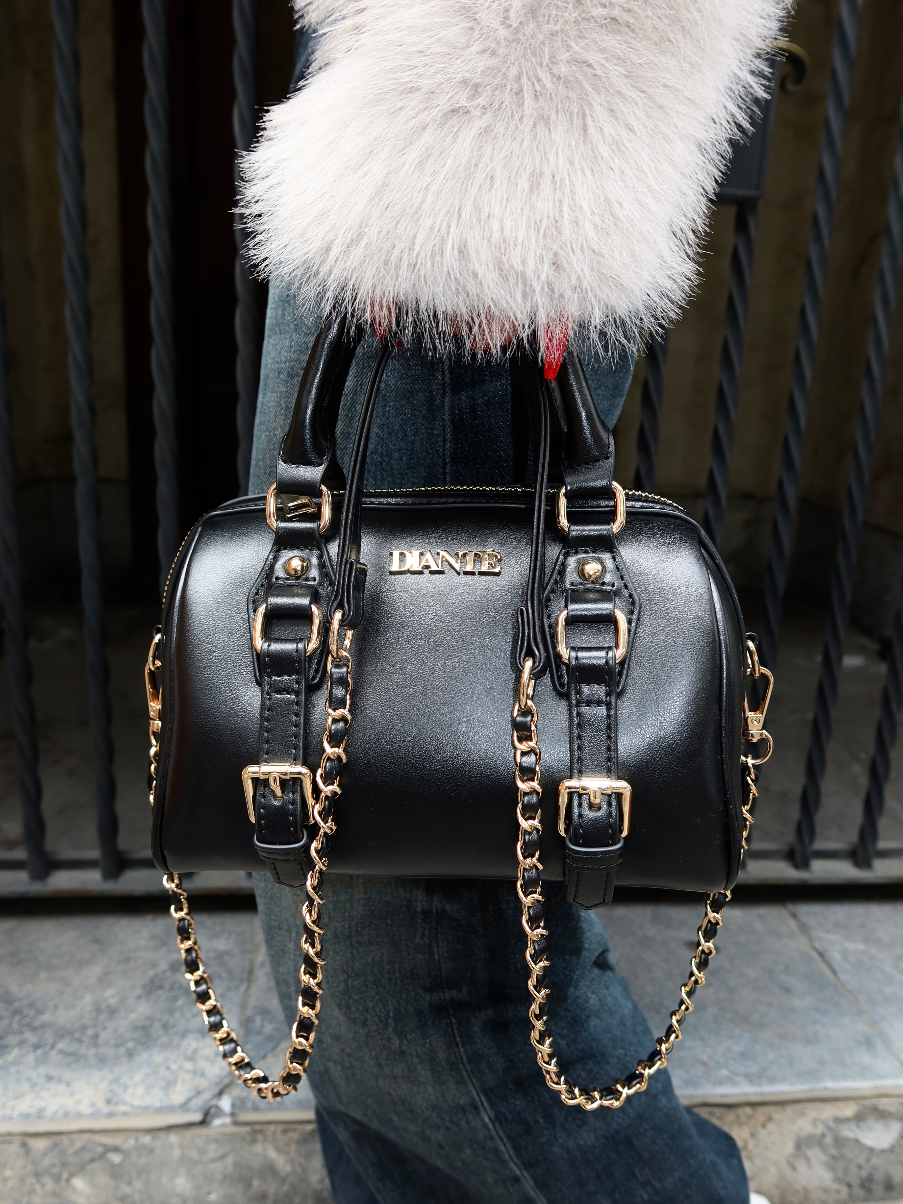 Chain belted boston bag
