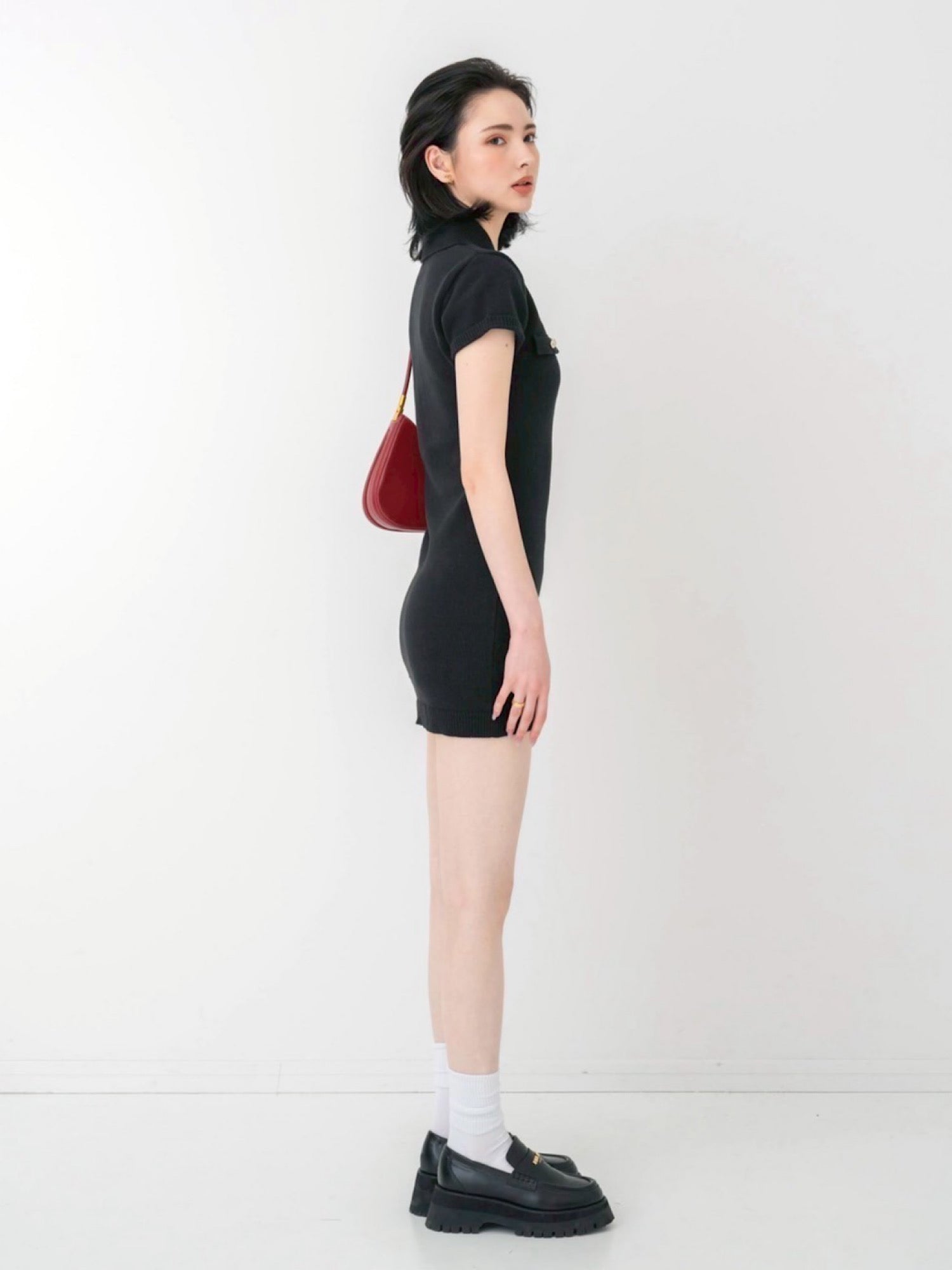 Metal button knit mini dress