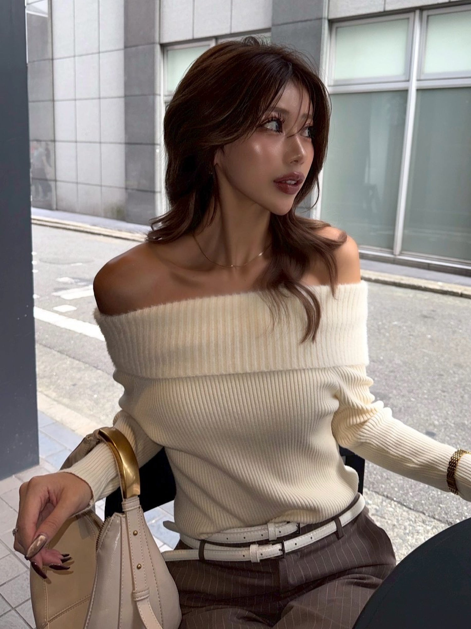 Off shoulder shaggy knit