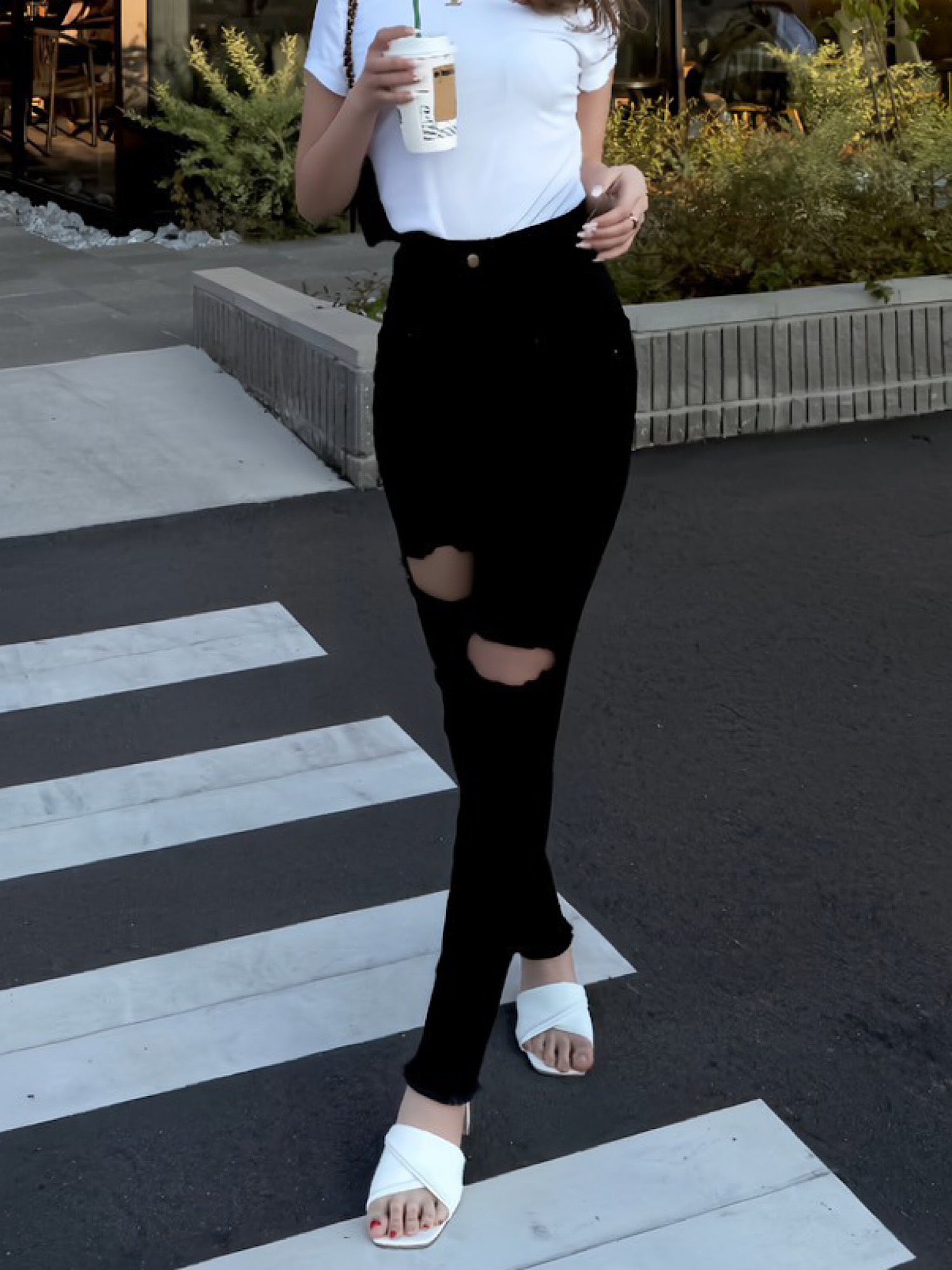 High waist damage skinny denim