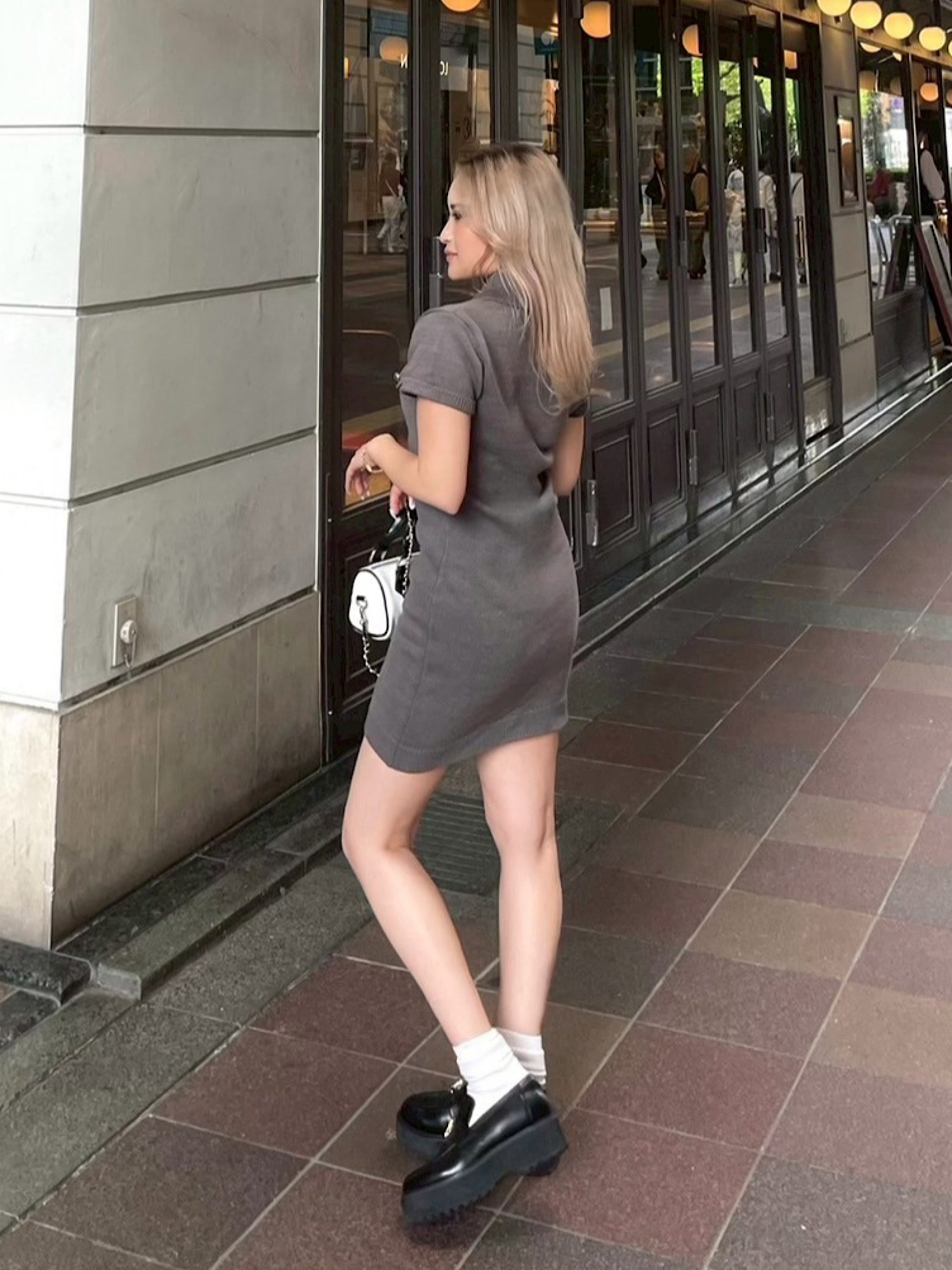 Metal button knit mini dress