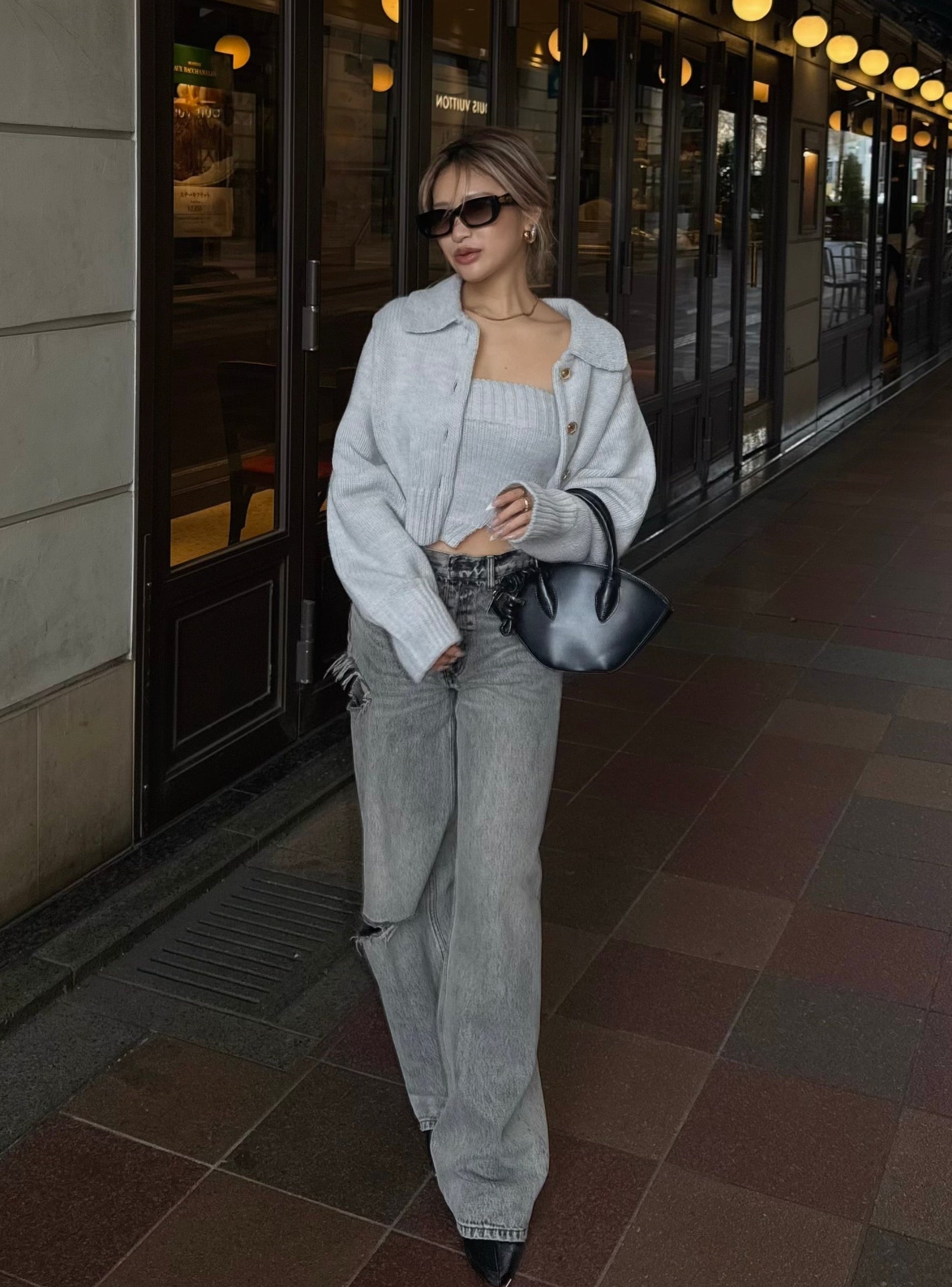 Big collar cardigan×bare top with inner bra