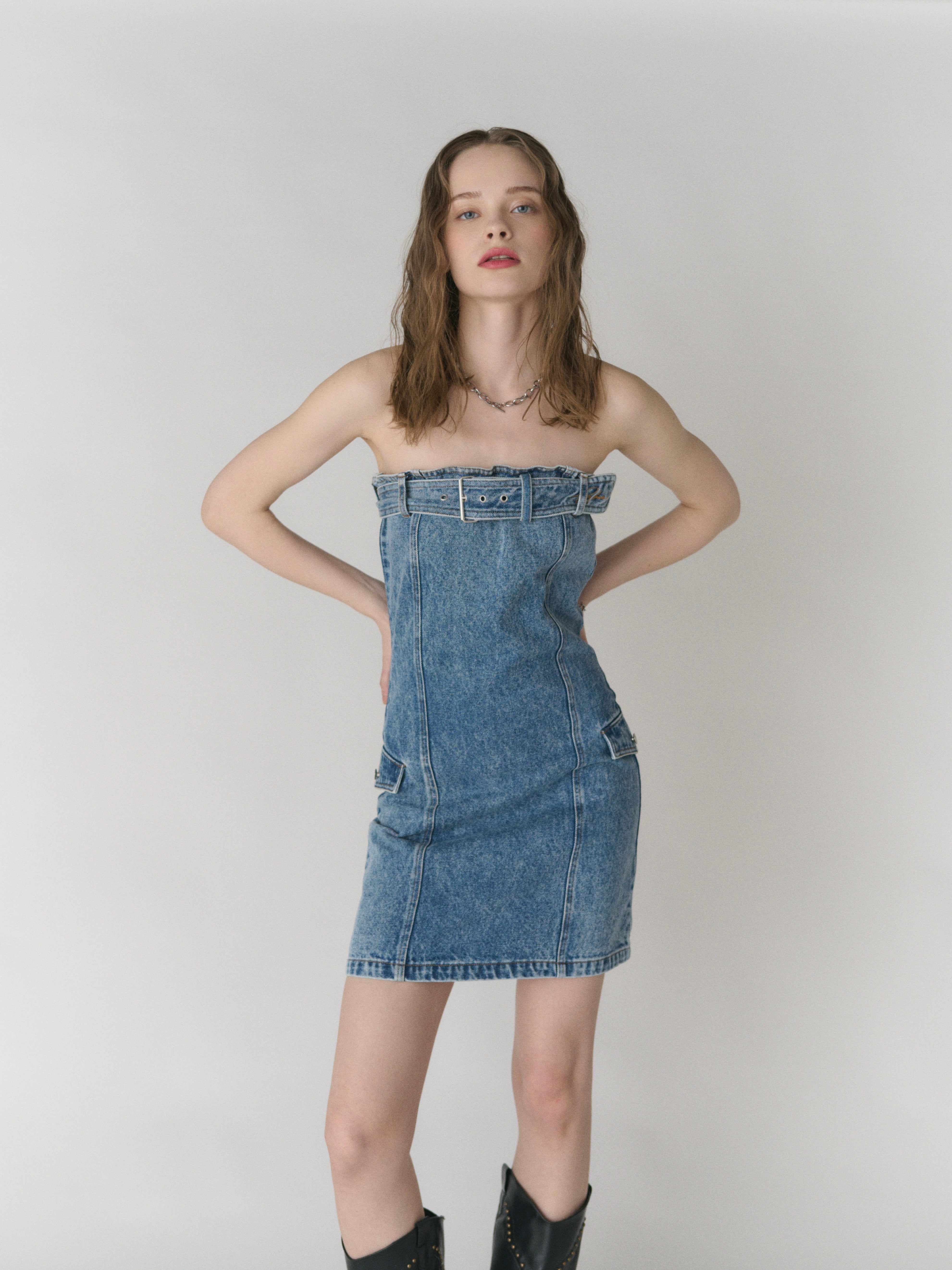 Fade denim belted mini dress