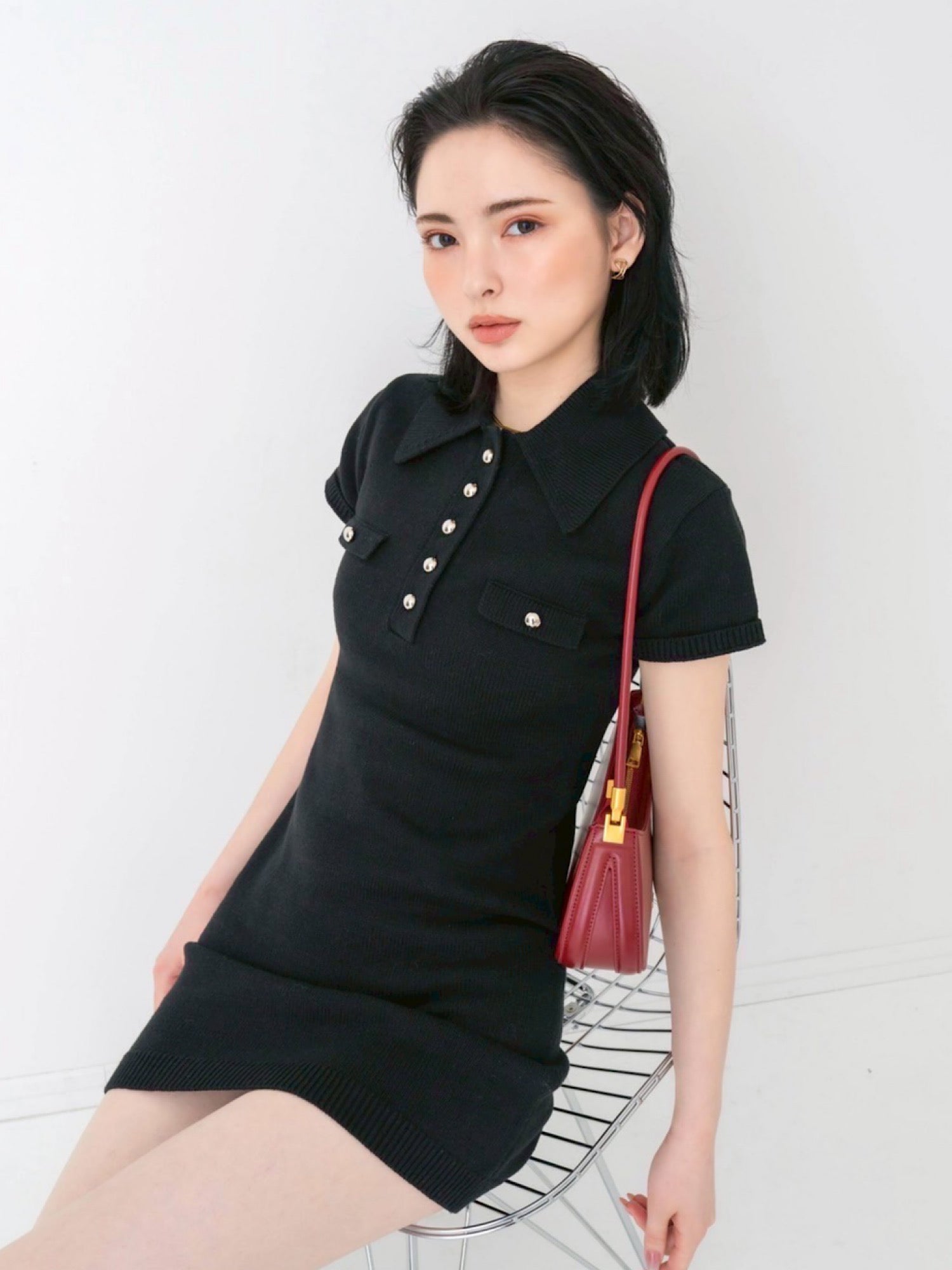 Metal button knit mini dress