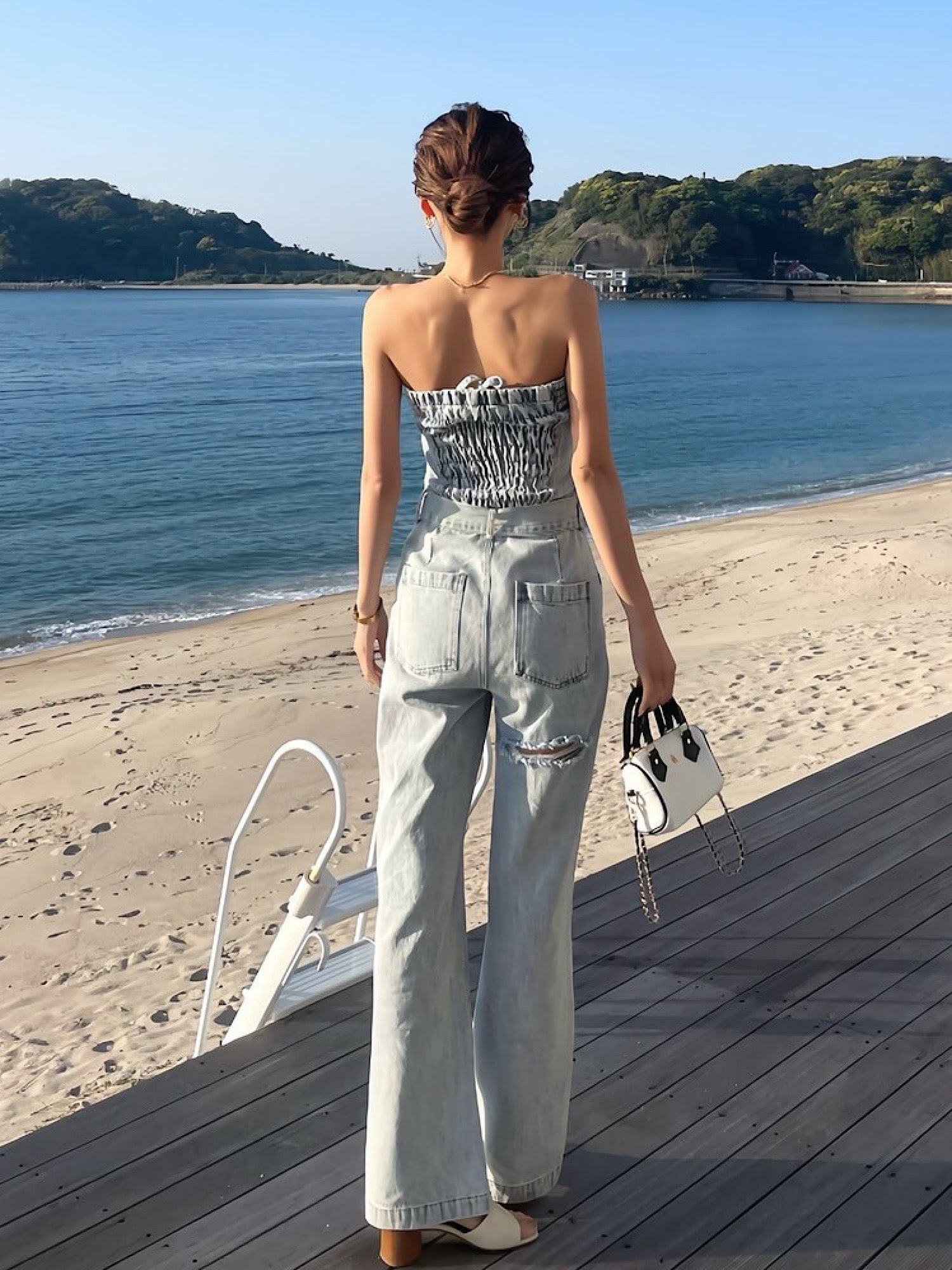 Belted denim all in one