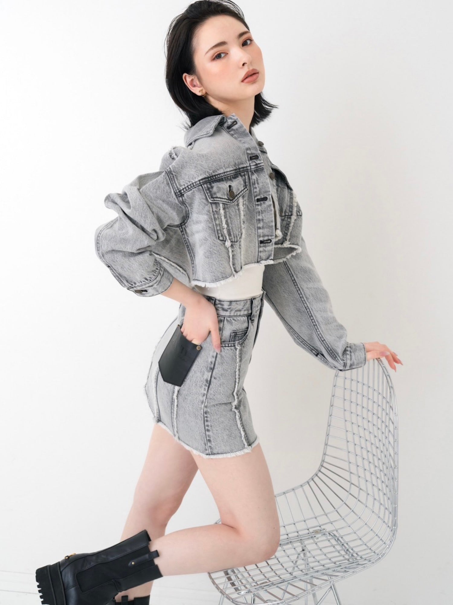 Fringe denim mini skirt