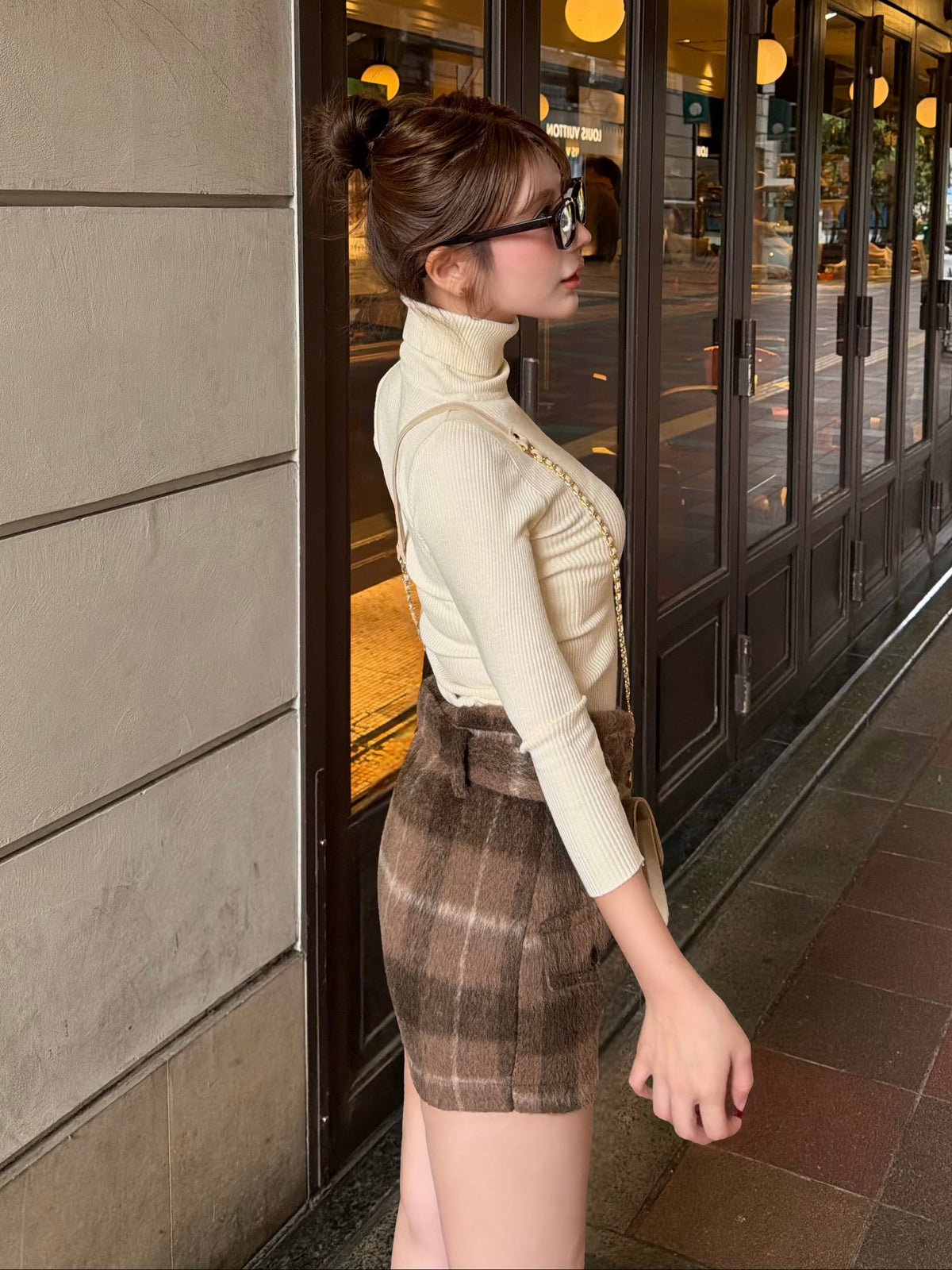 Shaggy check belted skirt with inner shorts(SETUP着用可)