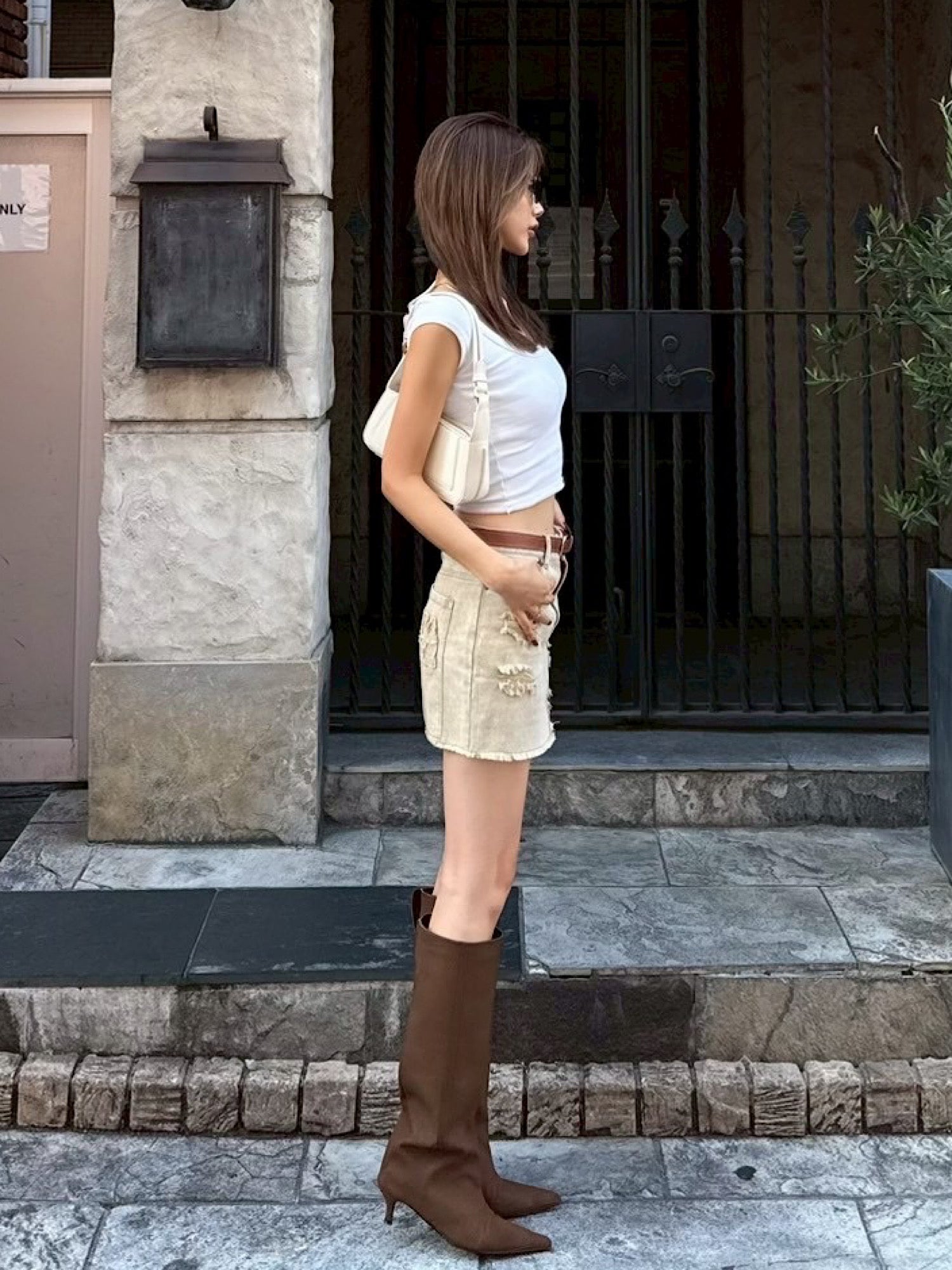 Chemical wash denim mini skirt(SET UP着用可)