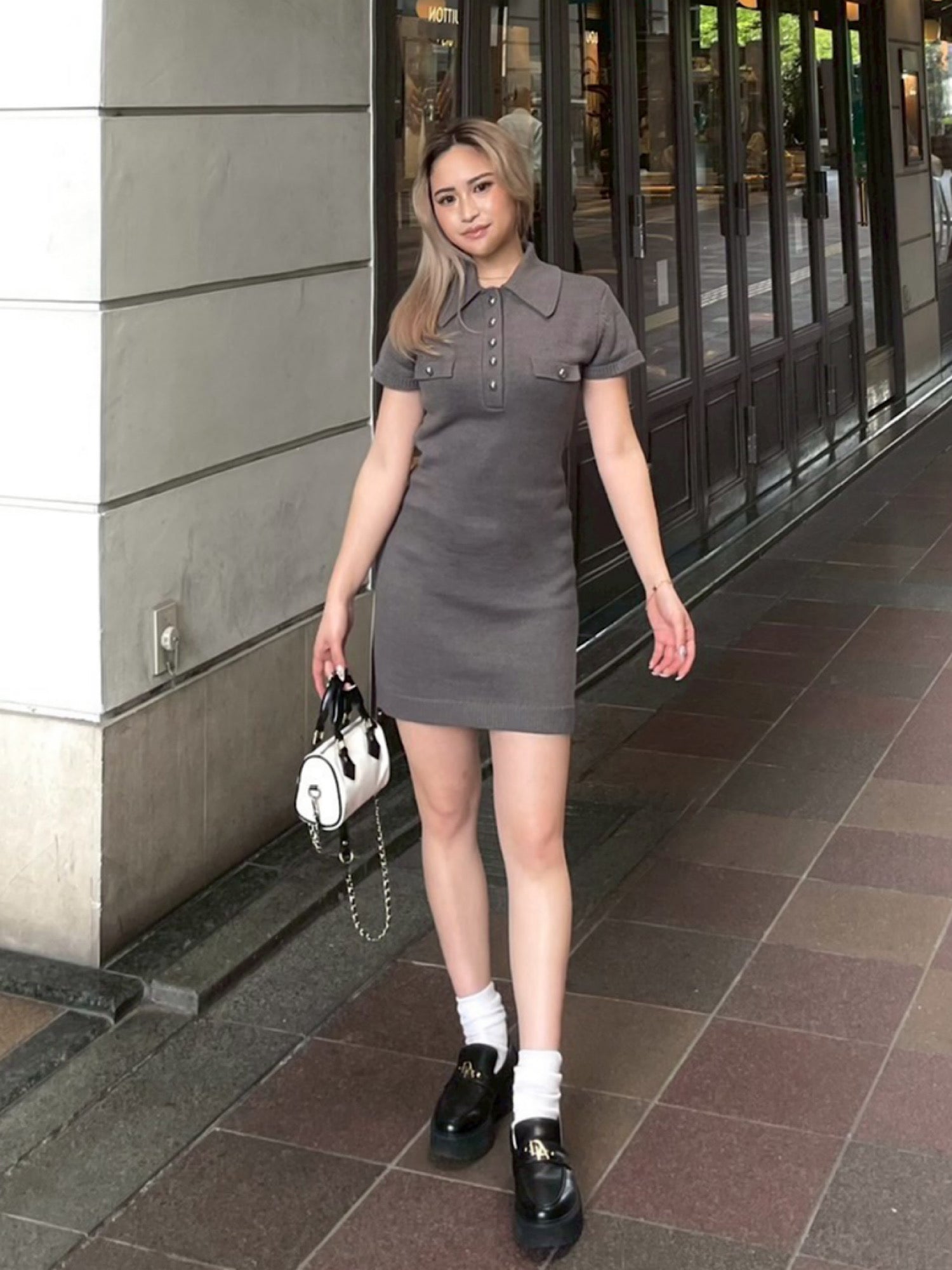 Metal button knit mini dress