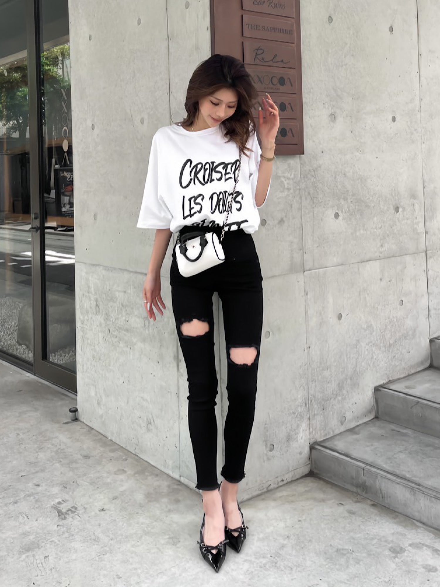 High waist damage skinny denim