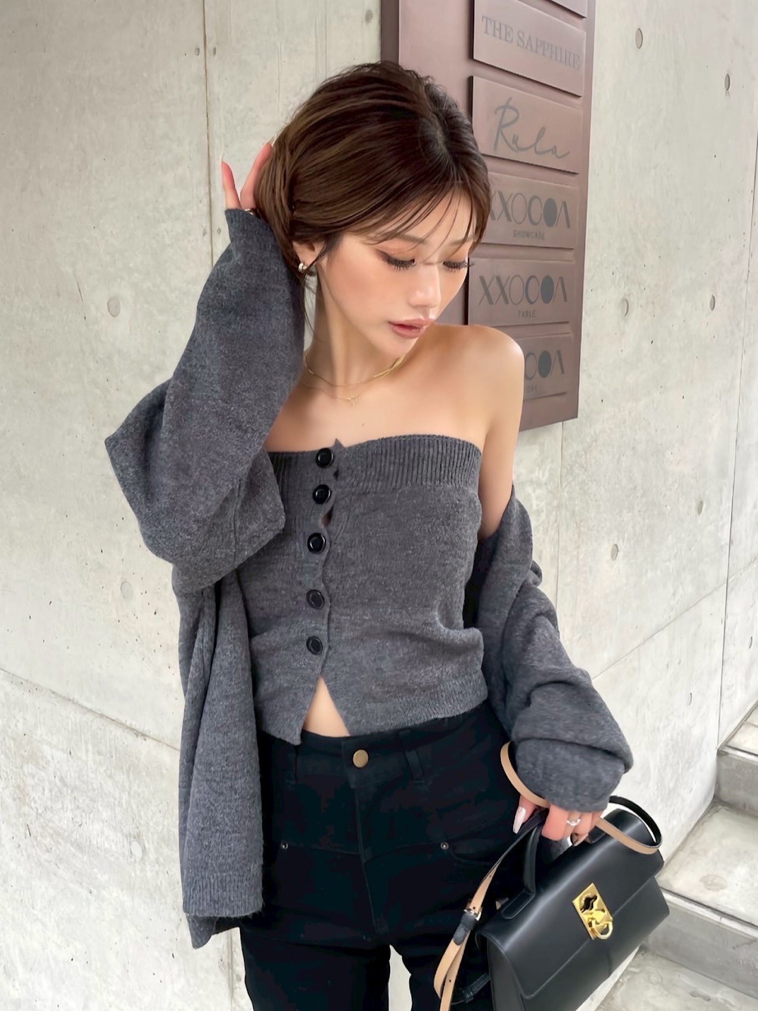 Front button baretop×Knit cardigan SET