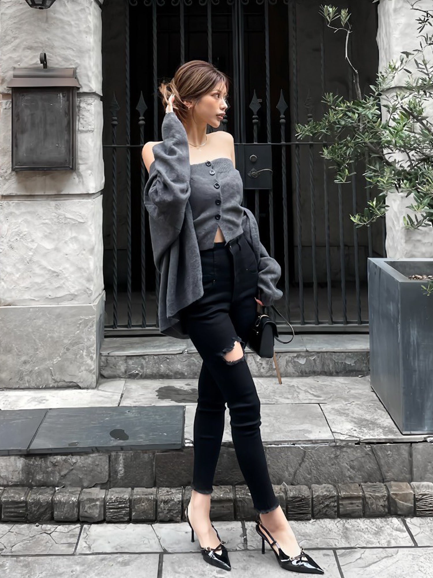 High waist damage skinny denim