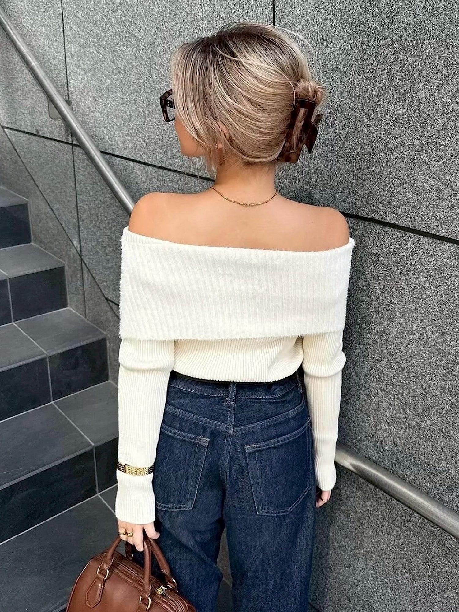 Off shoulder shaggy knit