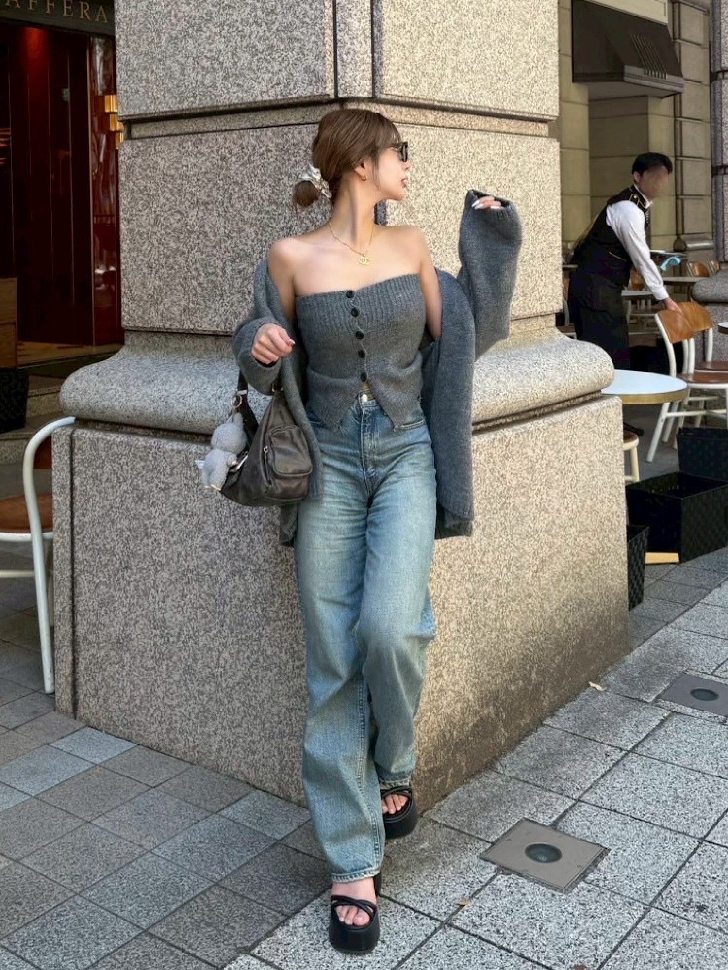 Front button baretop×Knit cardigan SET