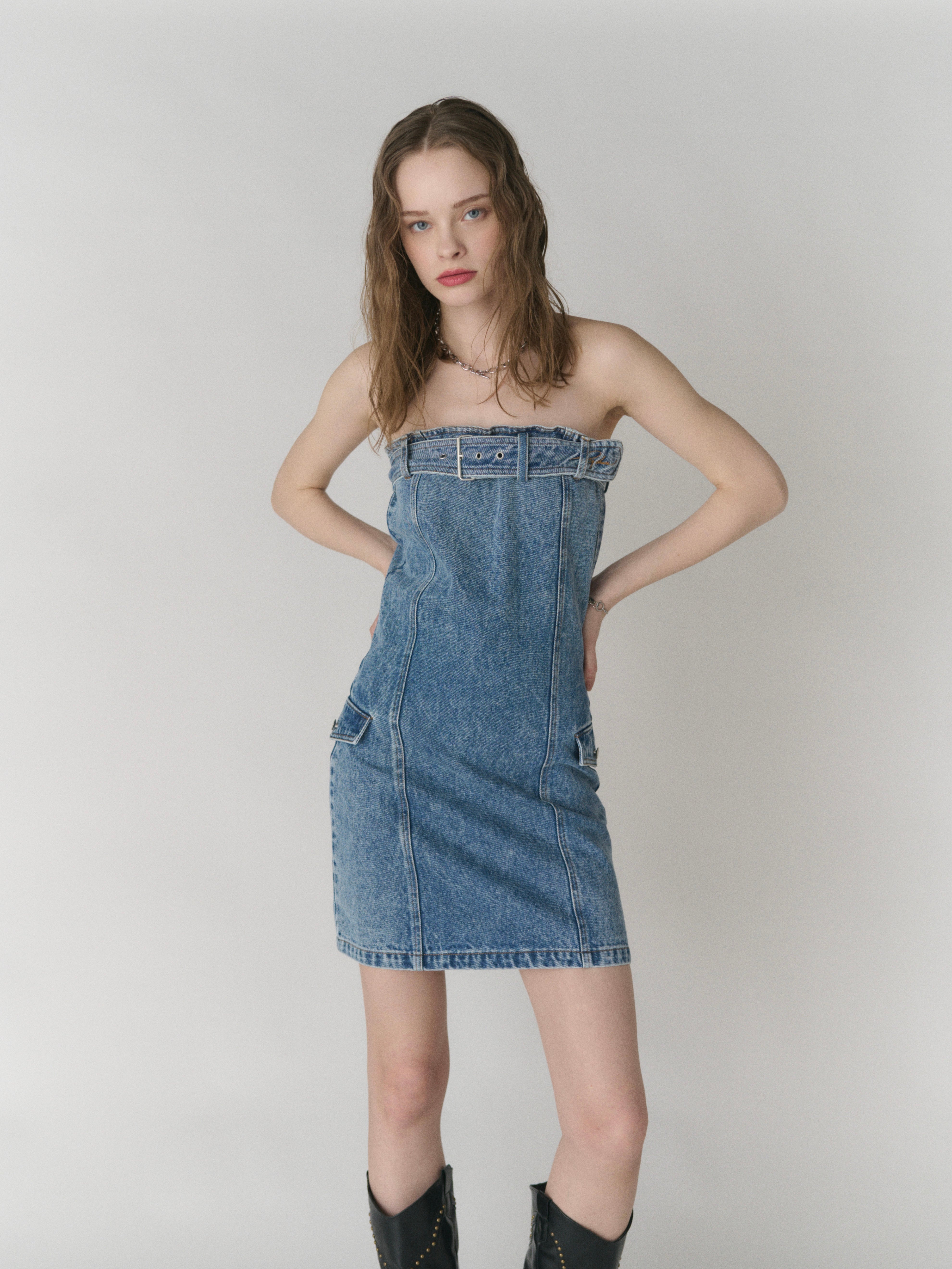 Fade denim belted mini dress