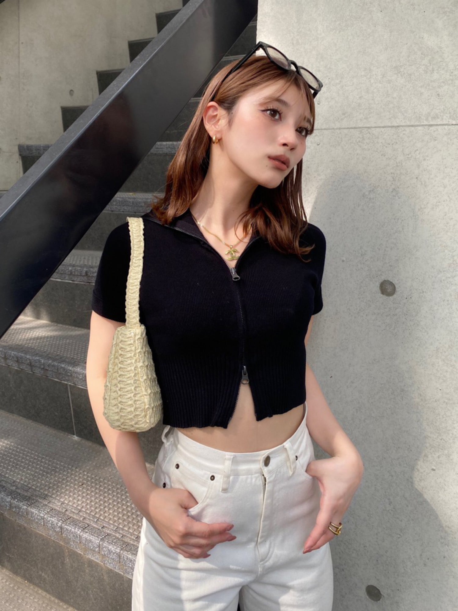 Double zip half sleeve tops