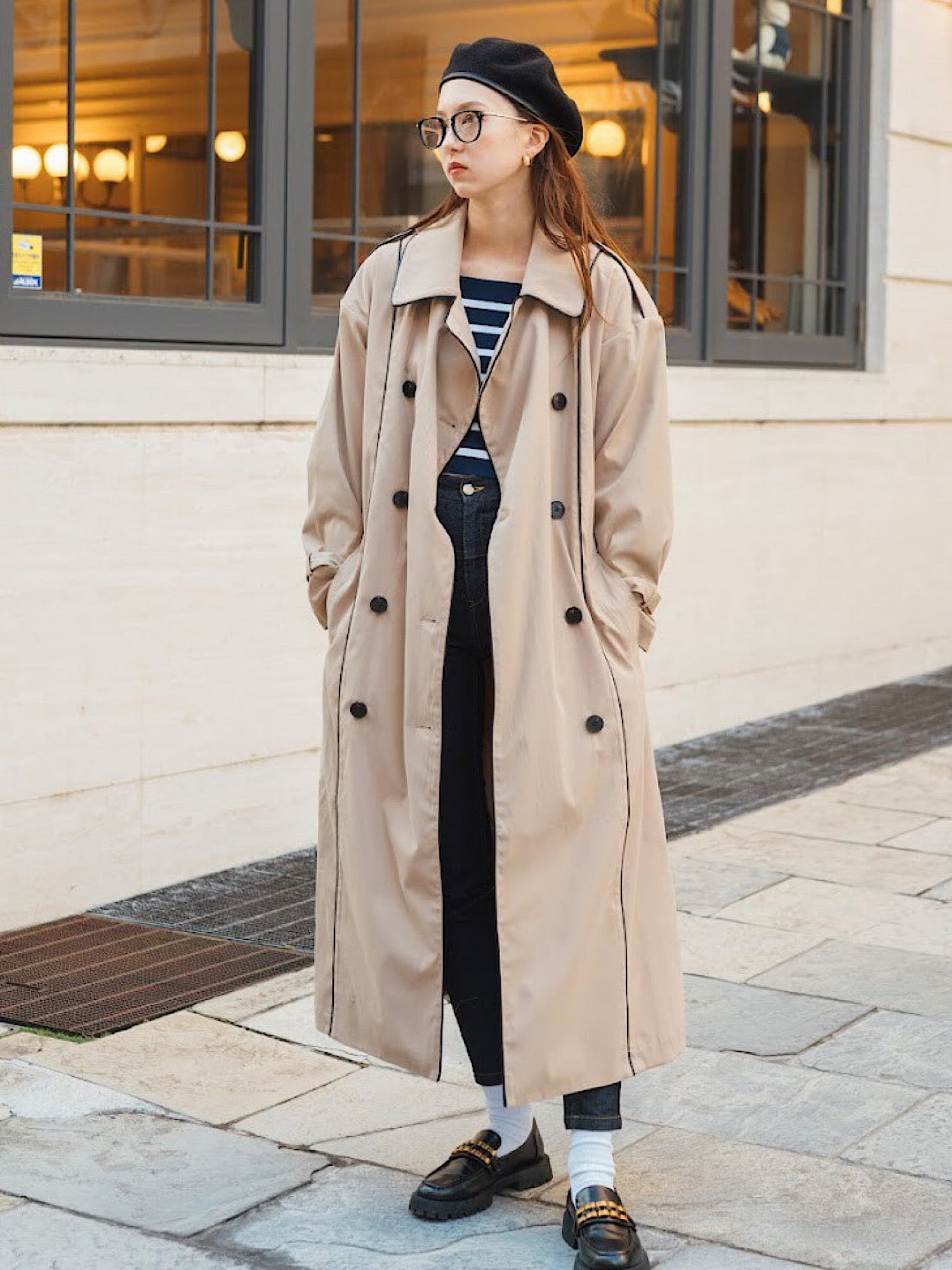 Leather piping trench coat