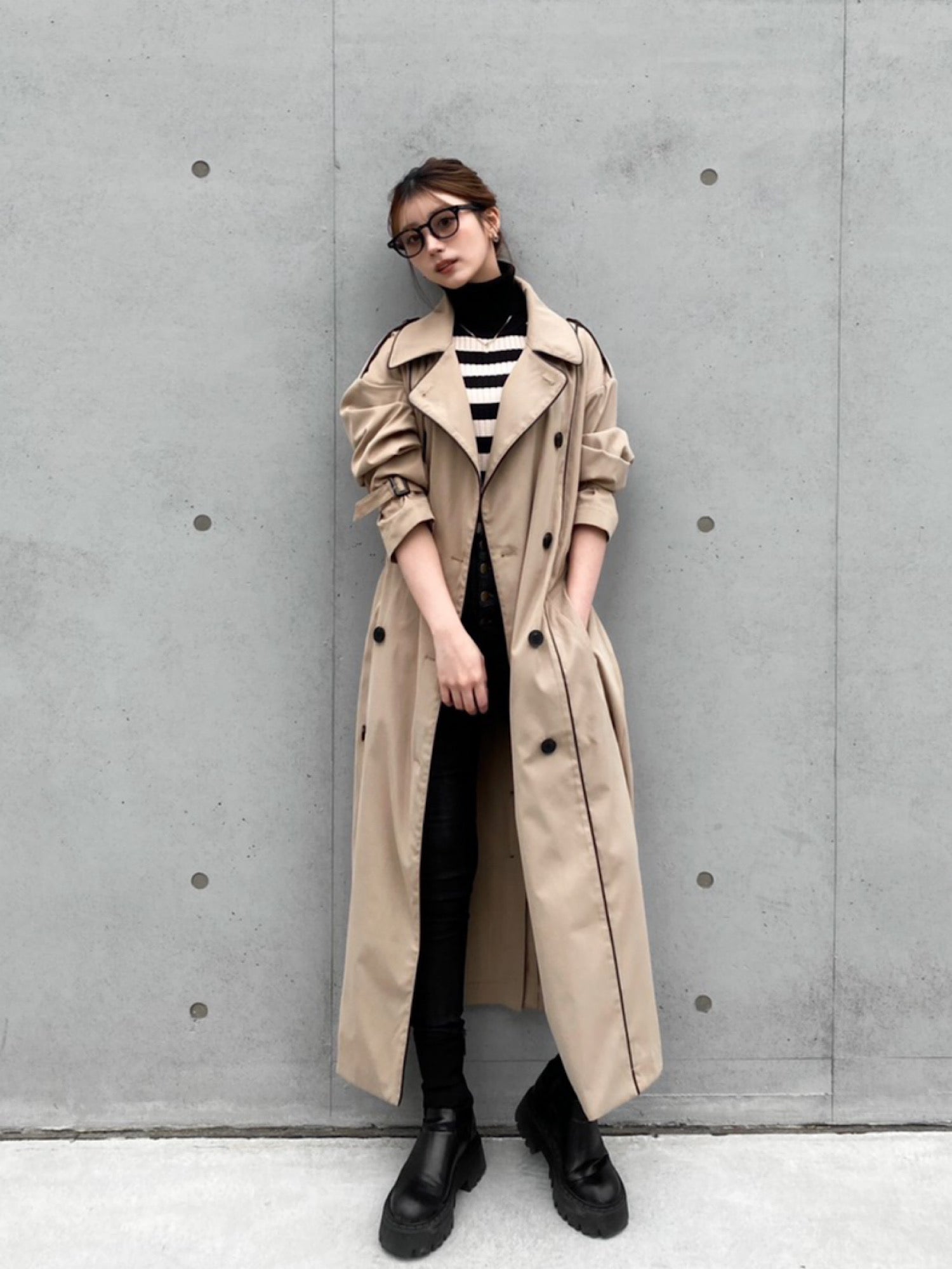 Leather piping trench coat