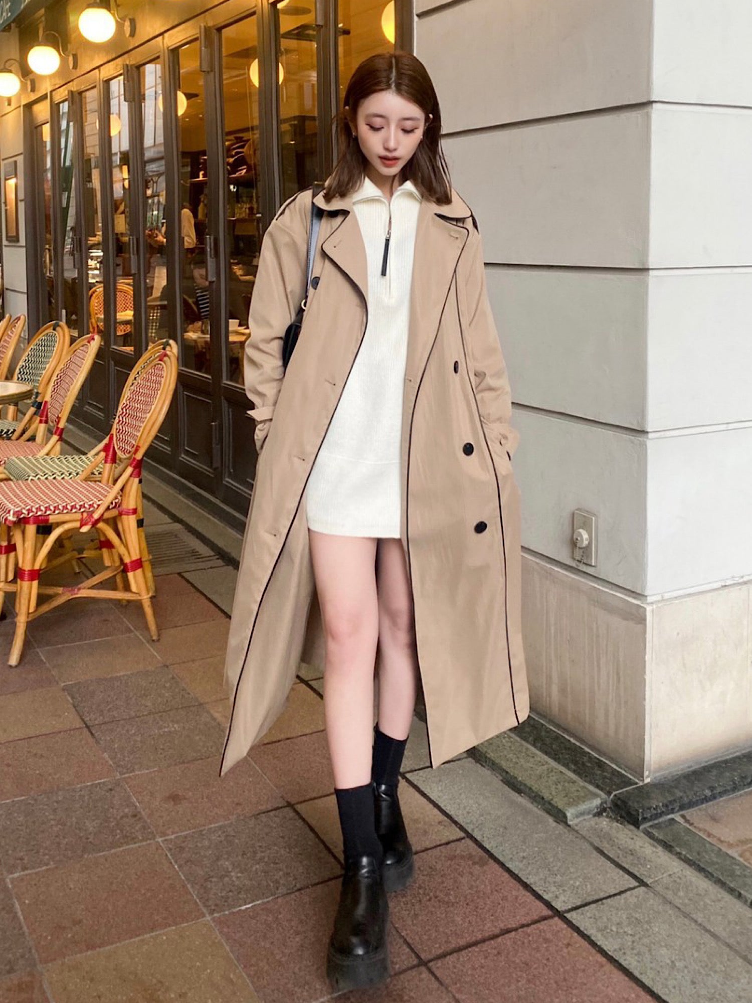 Leather piping trench coat