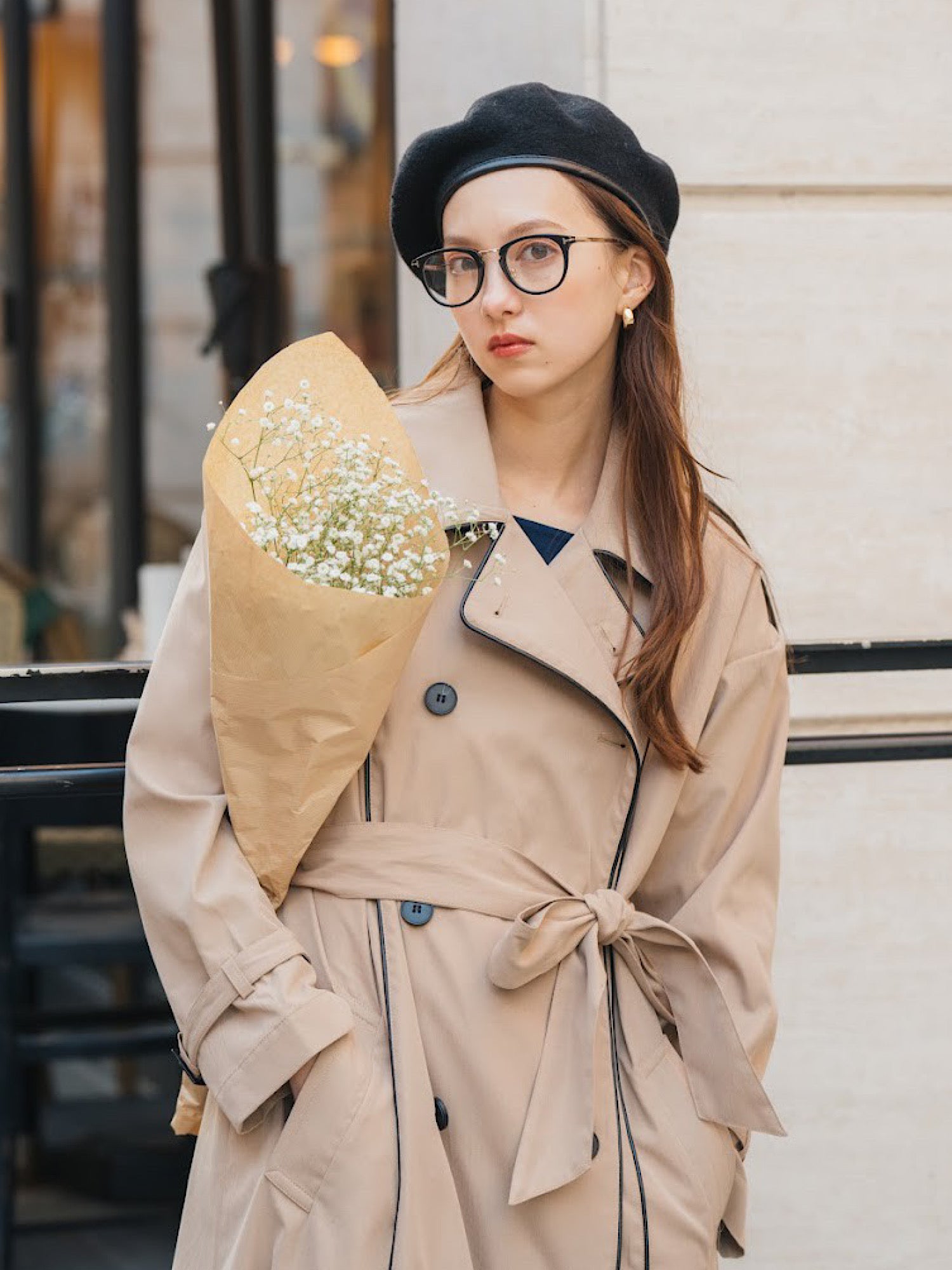 Leather piping trench coat