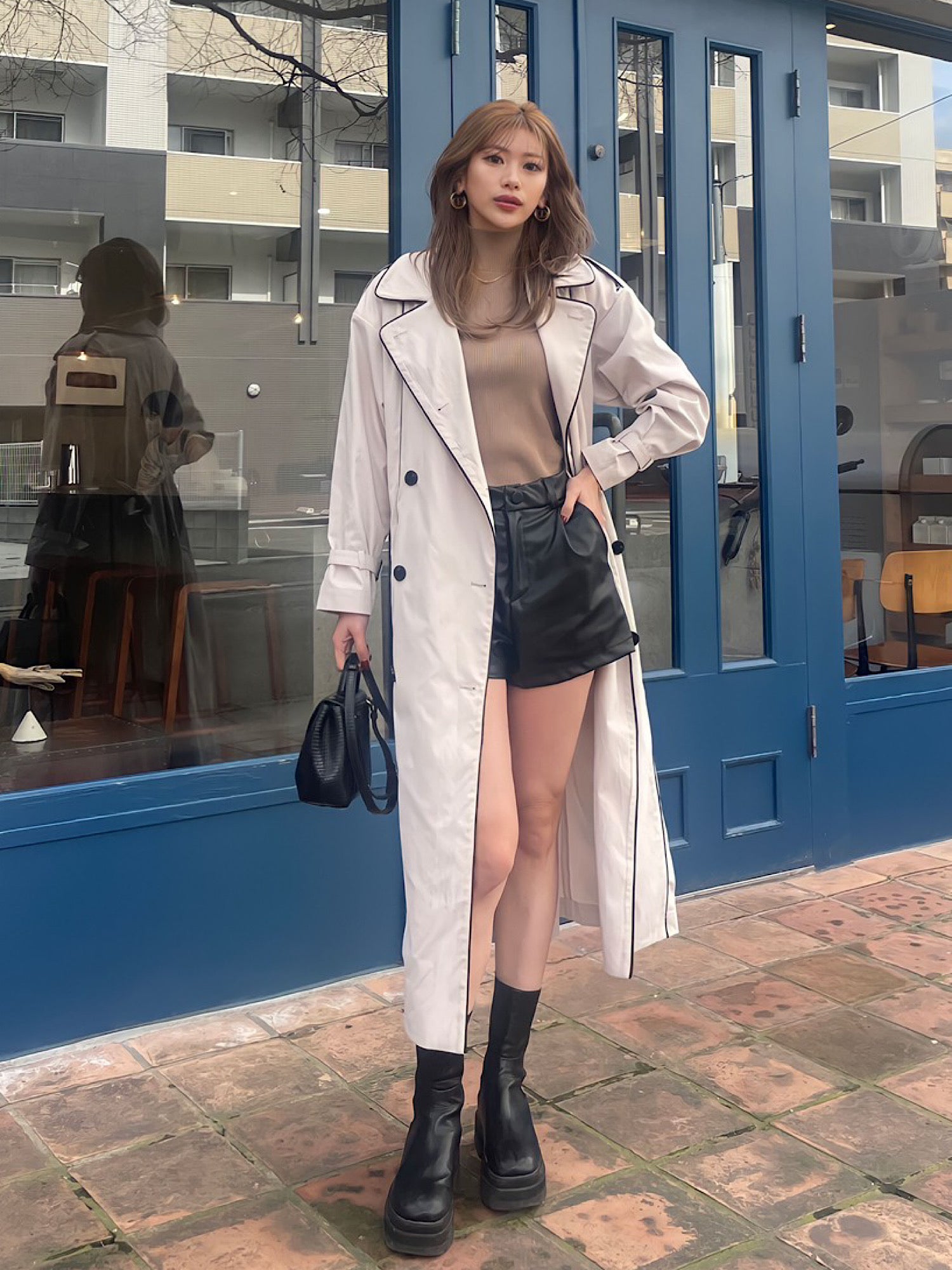 Leather piping trench coat