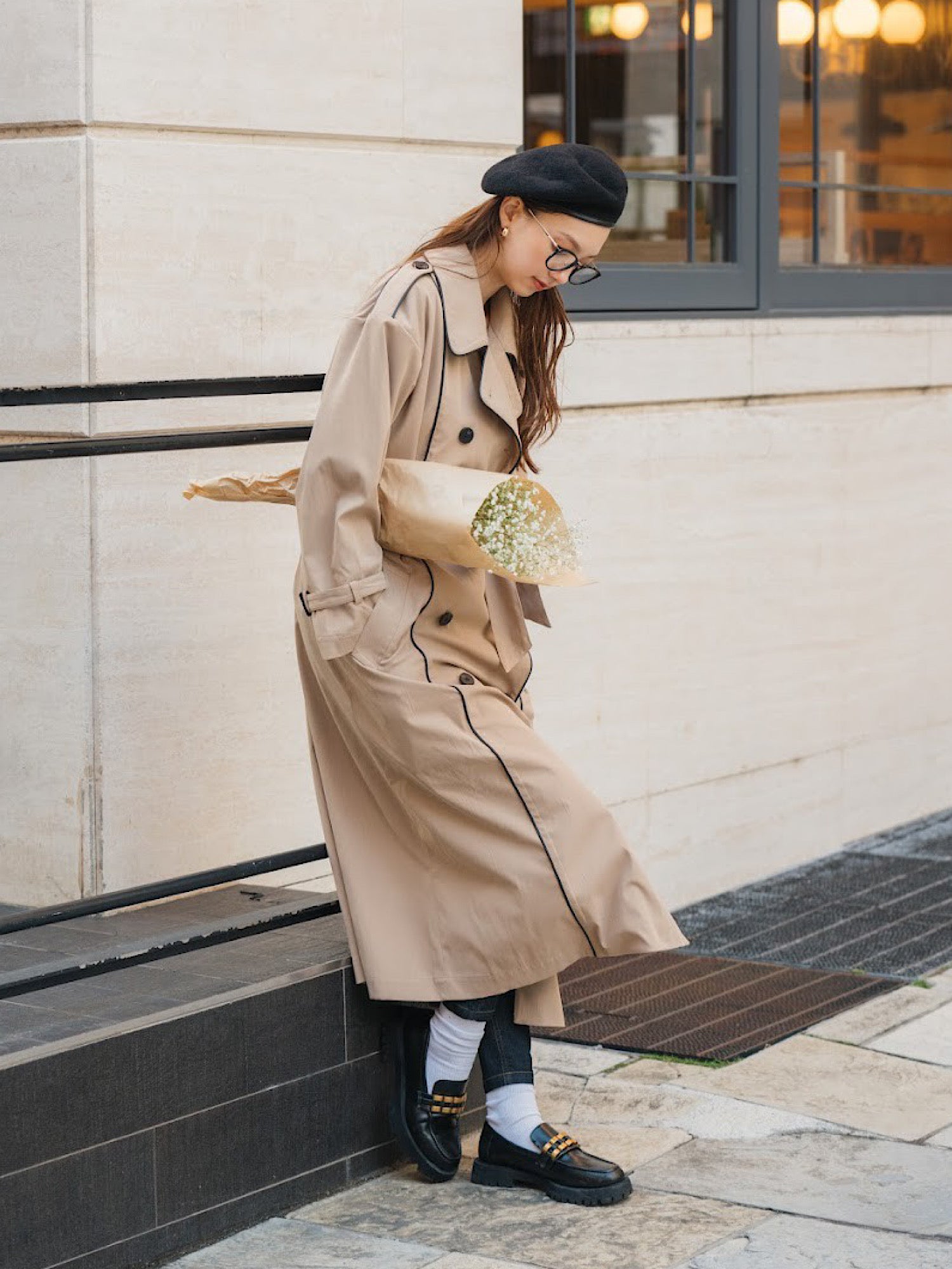 Leather piping trench coat